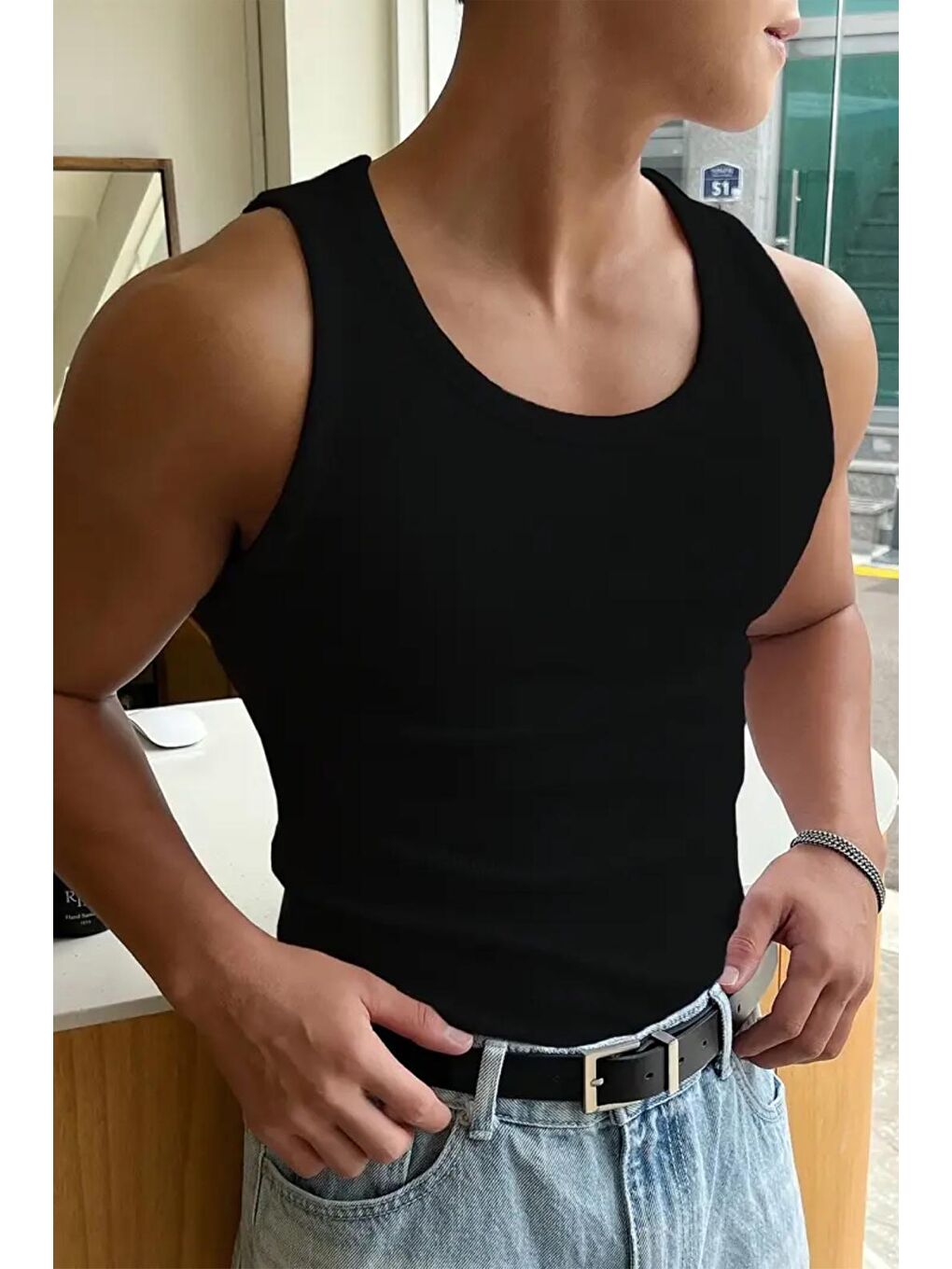 Siyah Wove Paket Slim Fit Esnek Elastanlı Fitilli Nefes Alabilen Kolsuz Sporcu Atlet-1