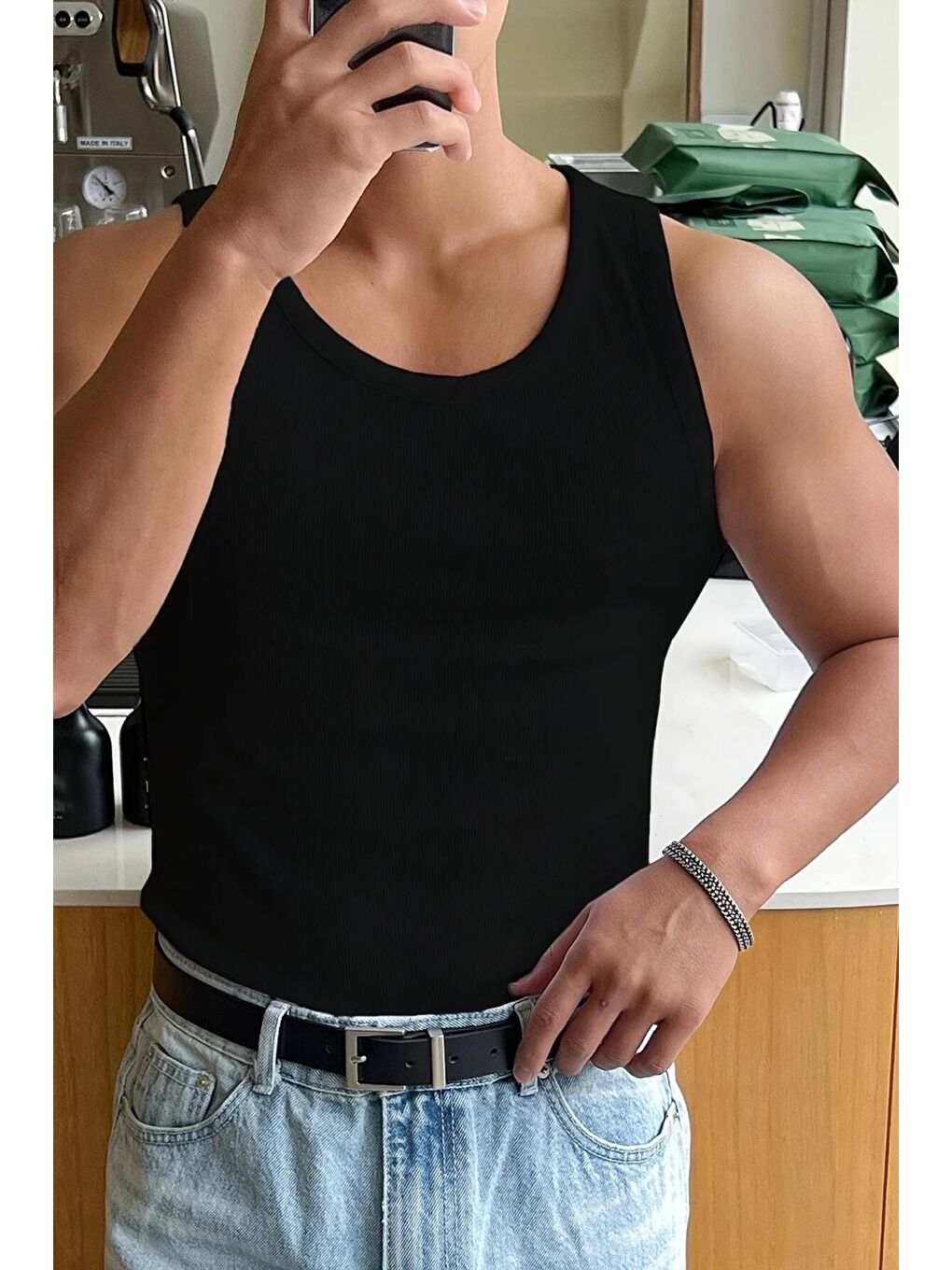 Siyah Wove Paket Slim Fit Esnek Elastanlı Fitilli Nefes Alabilen Kolsuz Sporcu Atlet-2