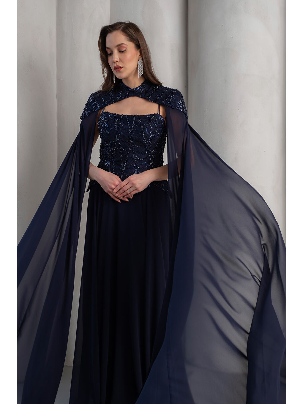 Kadın Lacivert Şallı Uzun Kol Peplum Detay Uzun Abiye Elbise-1