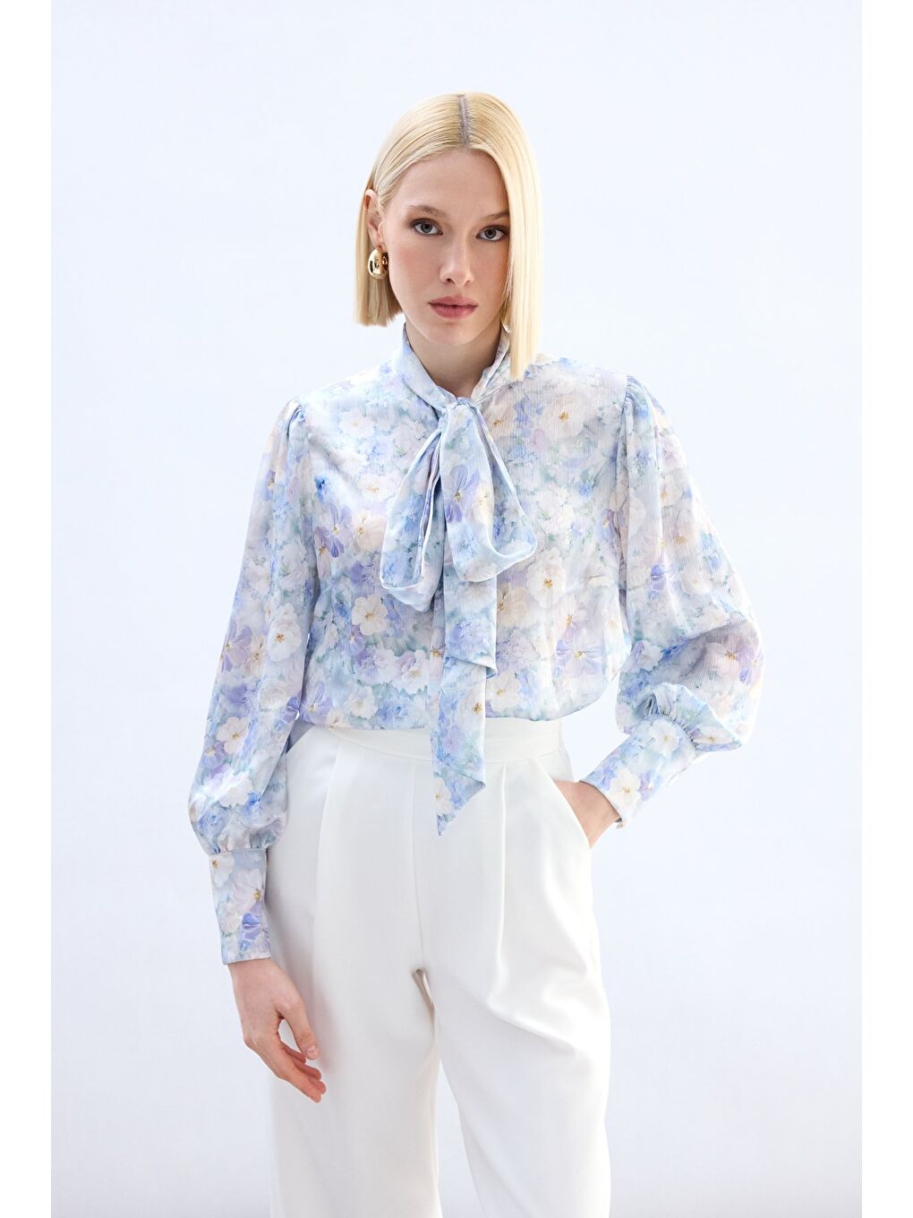 Çiçek Desenli Fularlı Gömlek - Lila-2