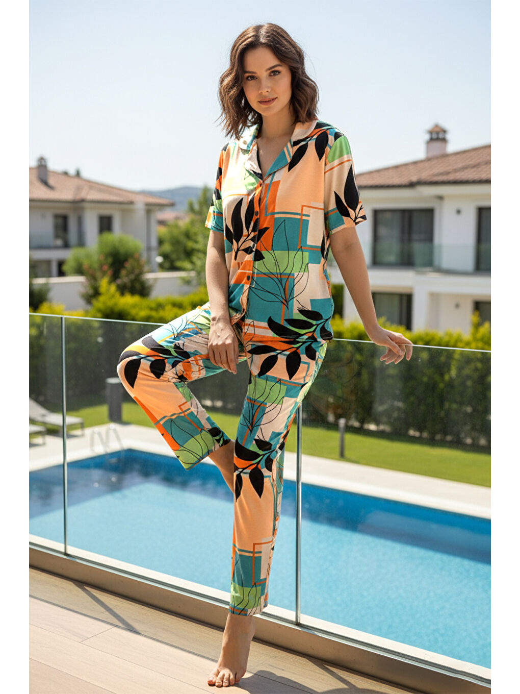 Kadın Kısa Kol Elastanlı Viskon Pijama Takımı 0156 Turuncu