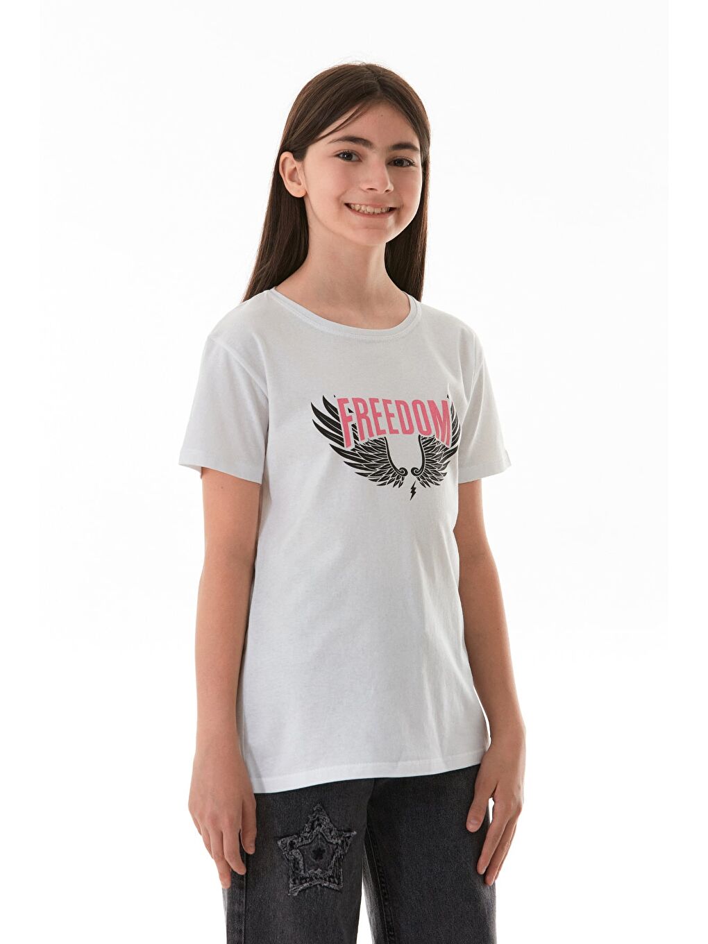 Beyaz %100 Pamuk Freedom Yazı Baskılı Kız Çocuk Tişört-2