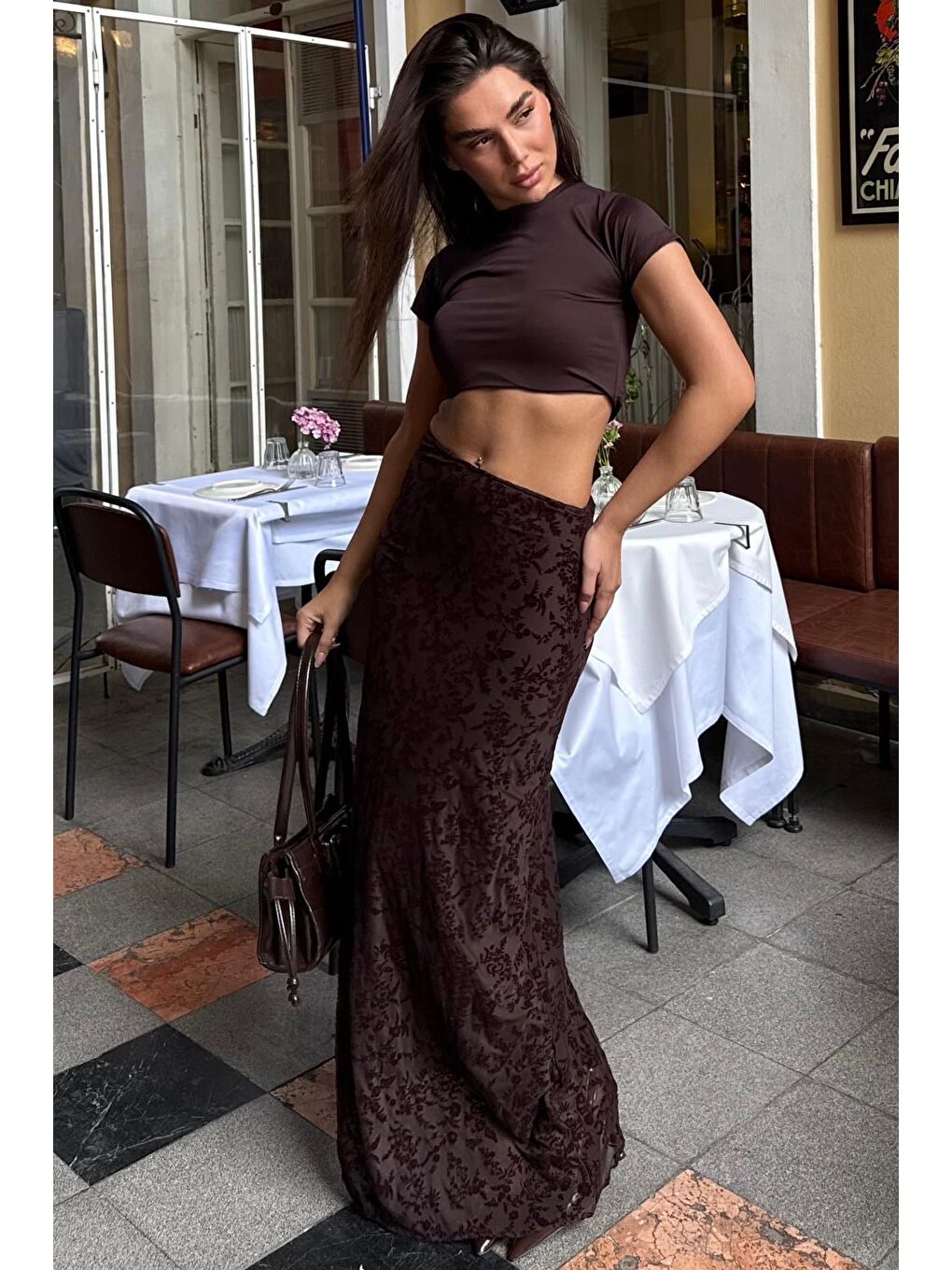 Kahverengi Flok Baskılı Tül Etek Mg2711-4