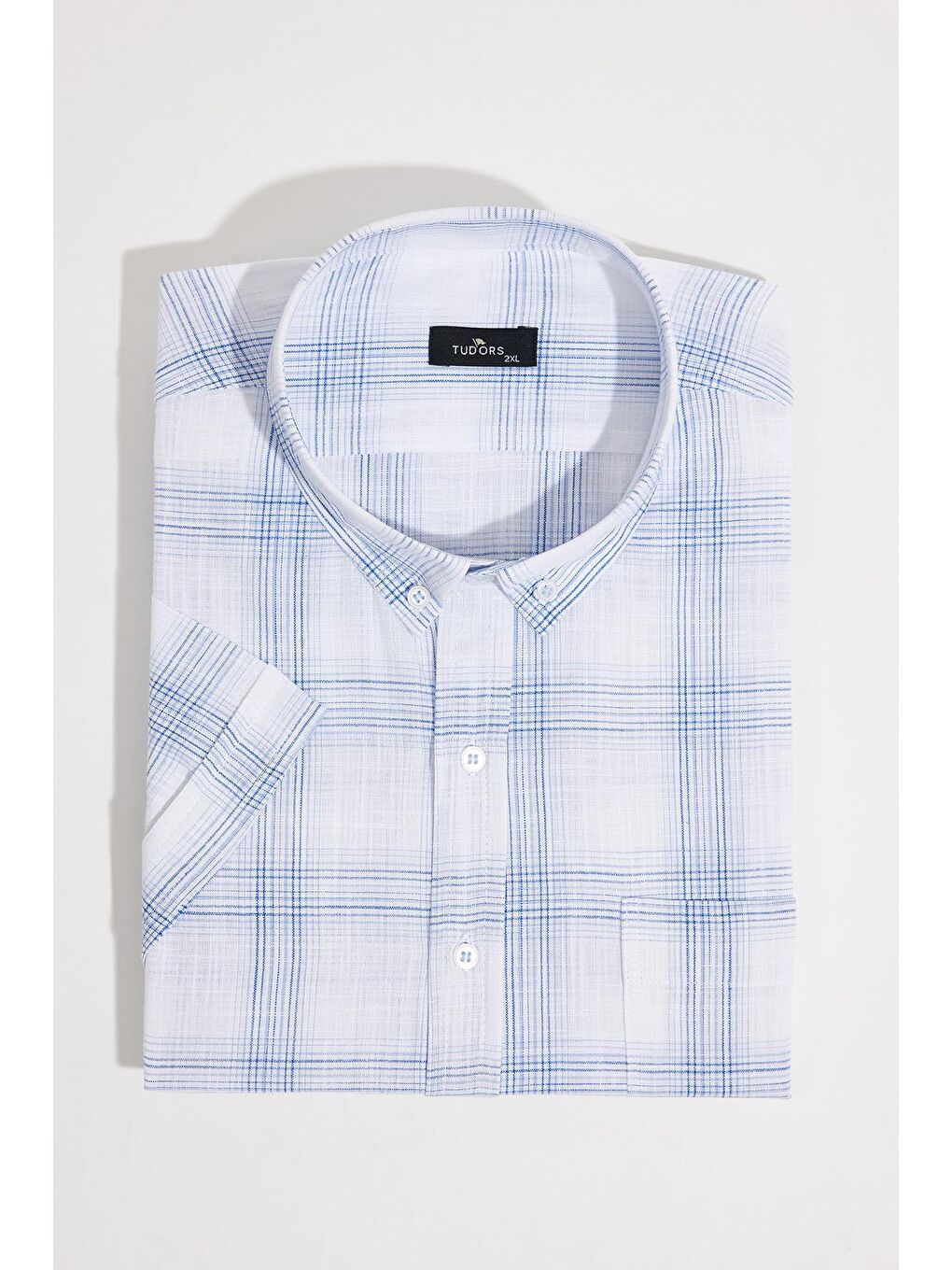 Karışık Erkek Büyük Beden Yaka Düğmeli Kareli Keten Efektli Kısa Kollu Gömlek