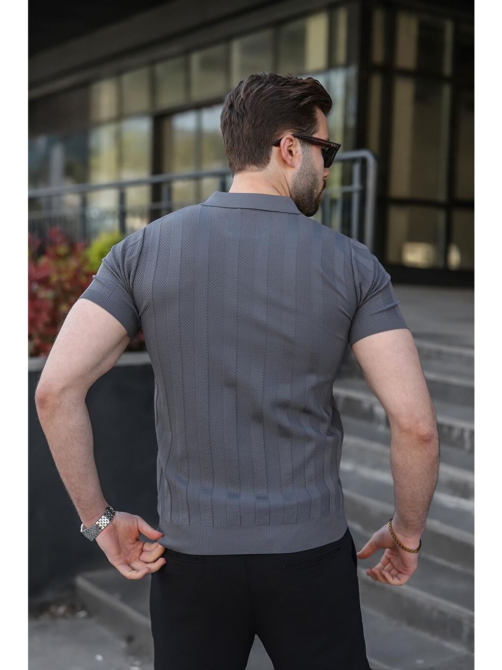 Antrasit Slim Fit Polo Yaka Triko Erkek Tişört E7491-3