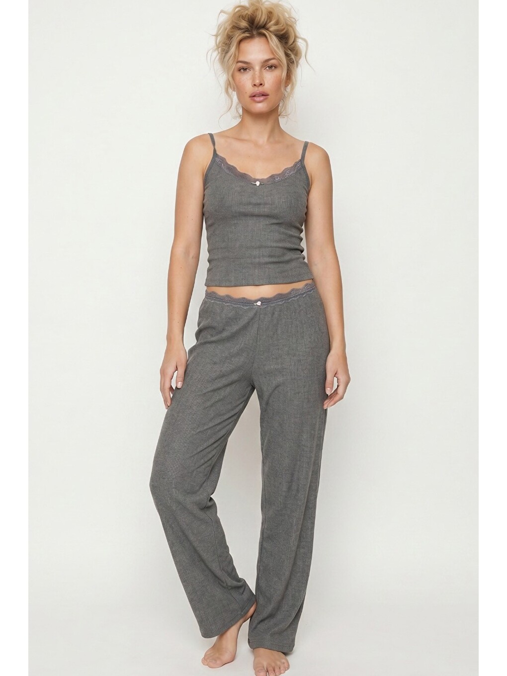 Gri Bürümcük-krınkıl İp Askılı Pijama Takım 8059-1