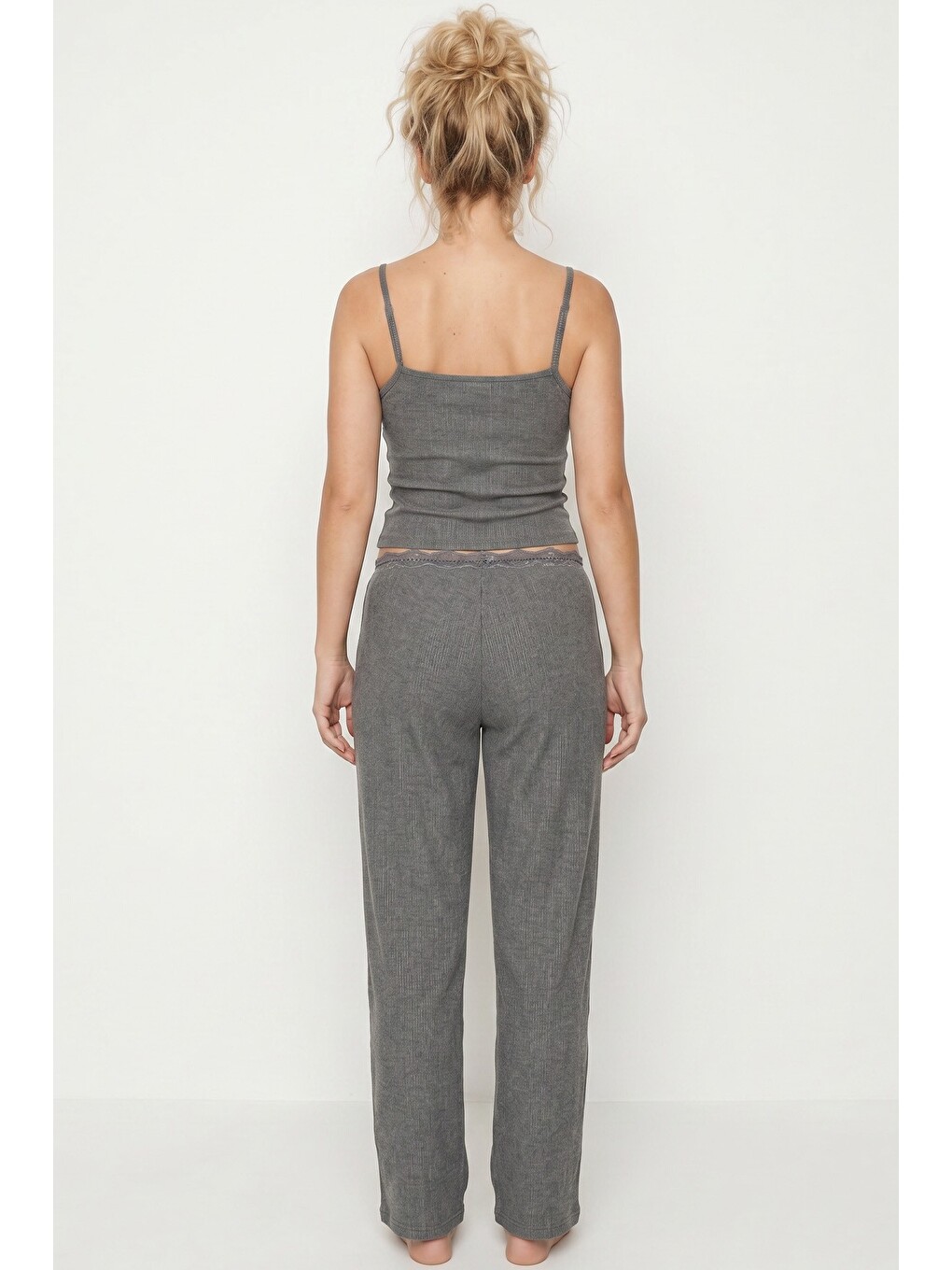 Gri Bürümcük-krınkıl İp Askılı Pijama Takım 8059-2