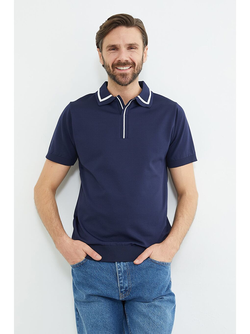 Lacivert Çizgili Apaş Yaka Triko Tişört-2