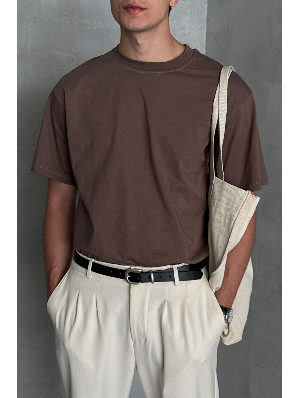 Kahverengi Erkek %100 Pamuk Oversize Basic T-shirt