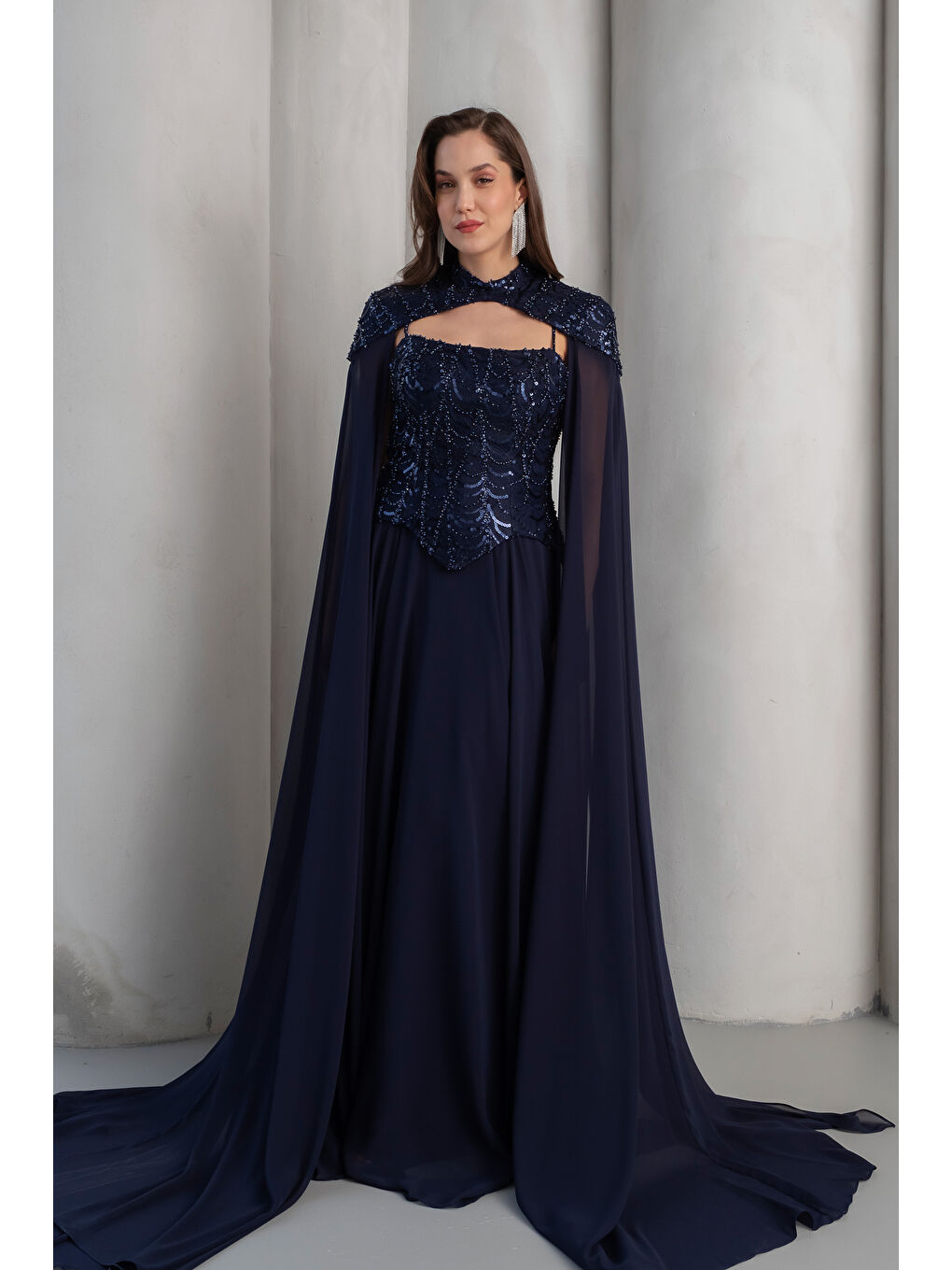 Kadın Lacivert Şallı Uzun Kol Peplum Detay Uzun Abiye Elbise-2
