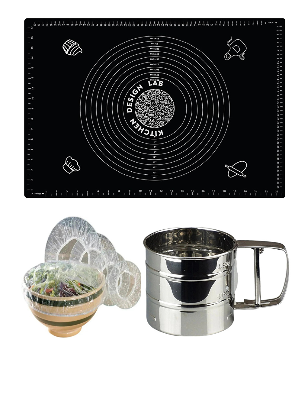 Gri Siyah 45x65 cm Silikon Hamur Açma Matı Çelik Un Eleği ve Hamur Dinlendirme Poşeti 8'li