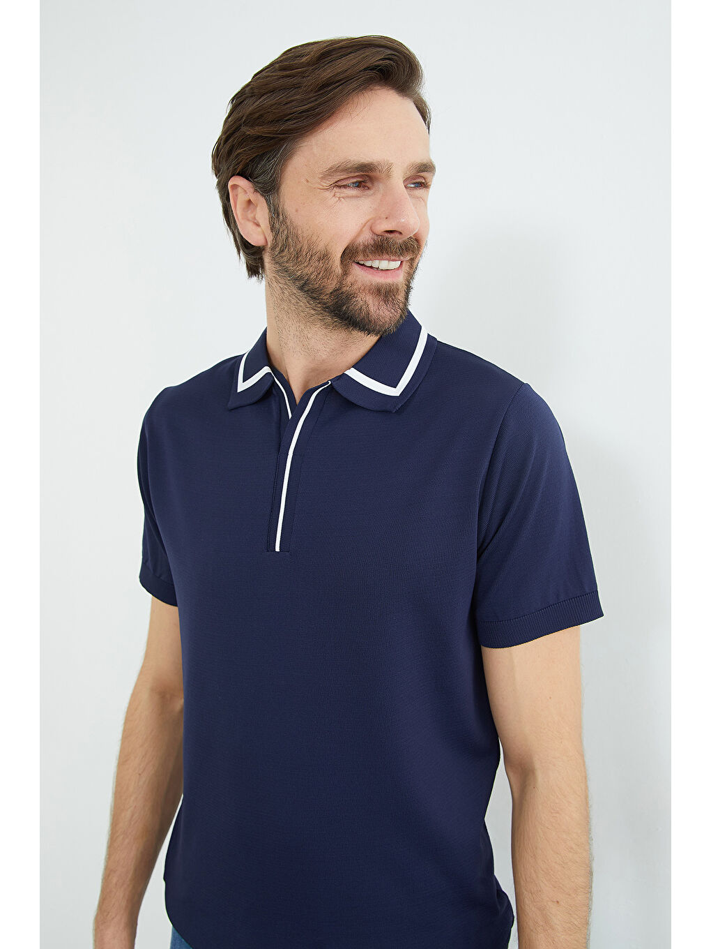 Lacivert Çizgili Apaş Yaka Triko Tişört-3