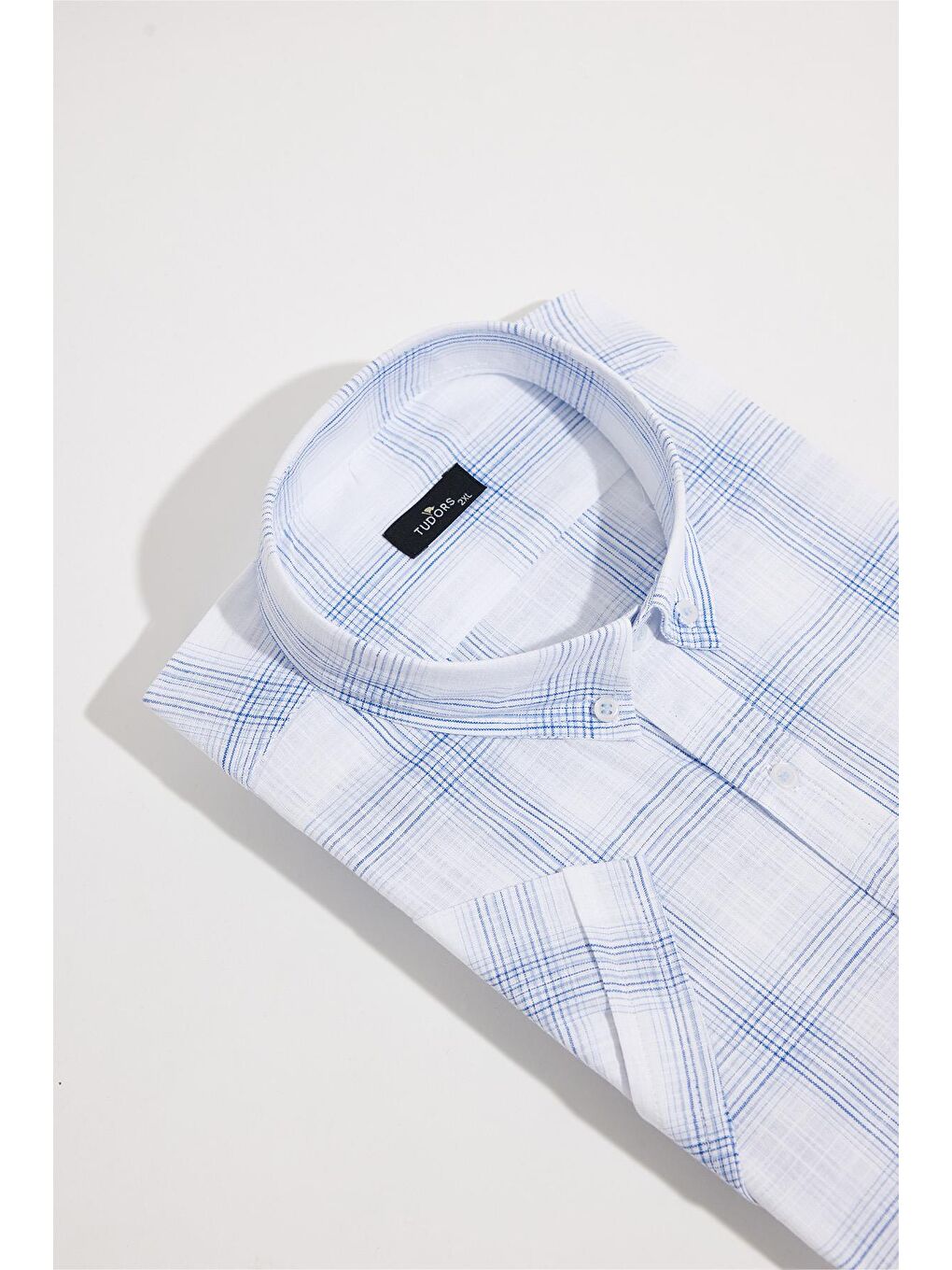 Karışık Erkek Büyük Beden Yaka Düğmeli Kareli Keten Efektli Kısa Kollu Gömlek-1