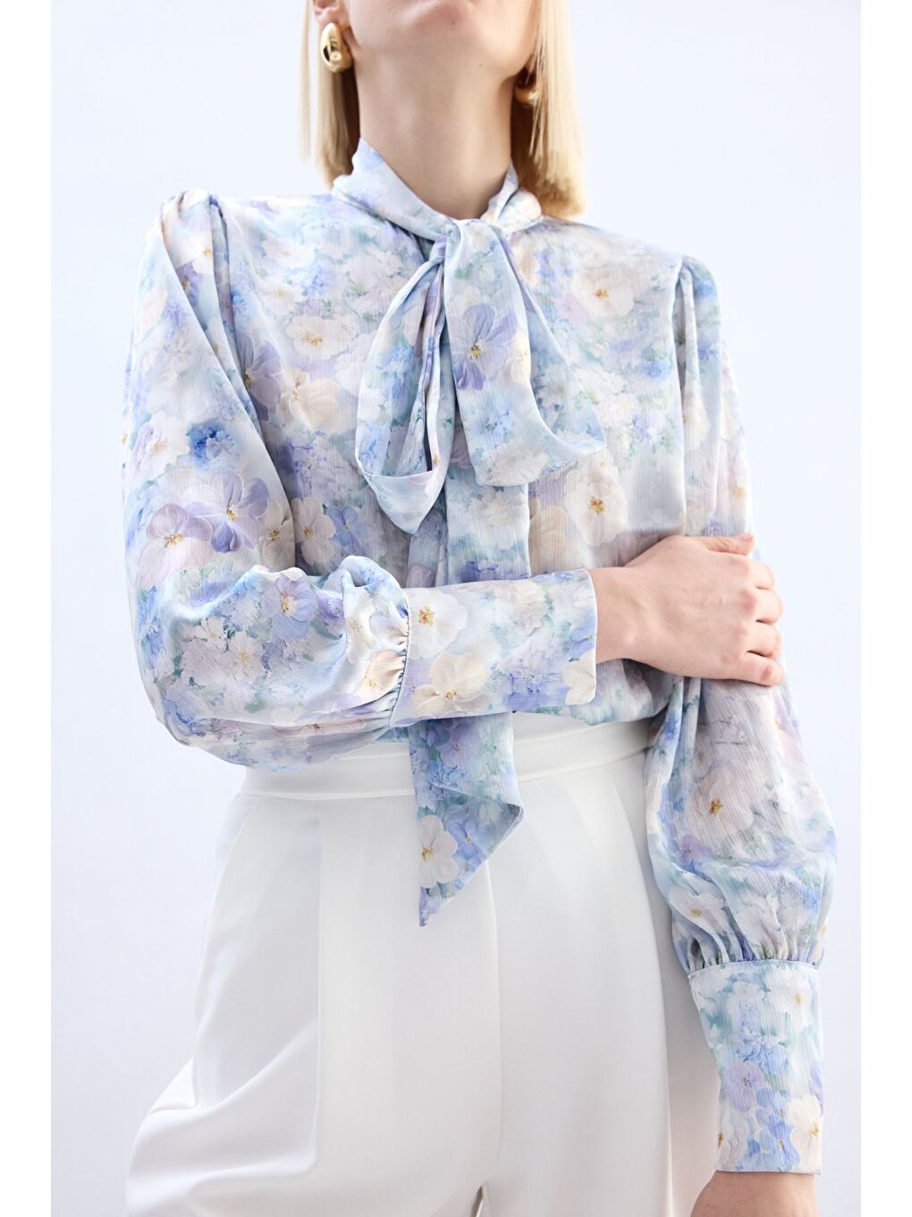 Çiçek Desenli Fularlı Gömlek - Lila-4