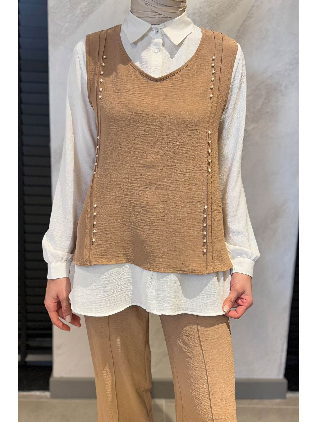 Bej İncili Gömlek Süveter Pantolon Tesettür Üçlü Takım-5