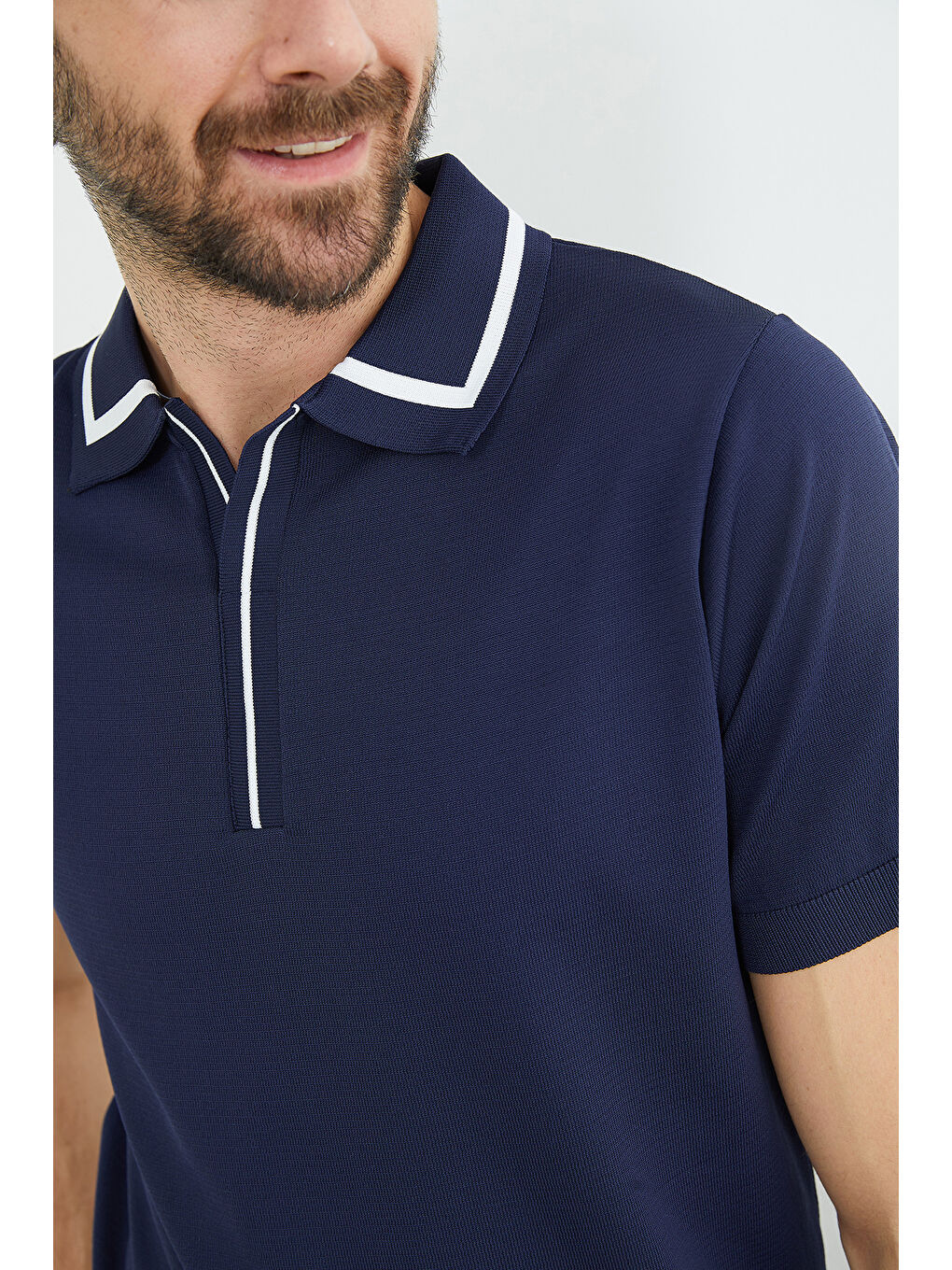 Lacivert Çizgili Apaş Yaka Triko Tişört-4