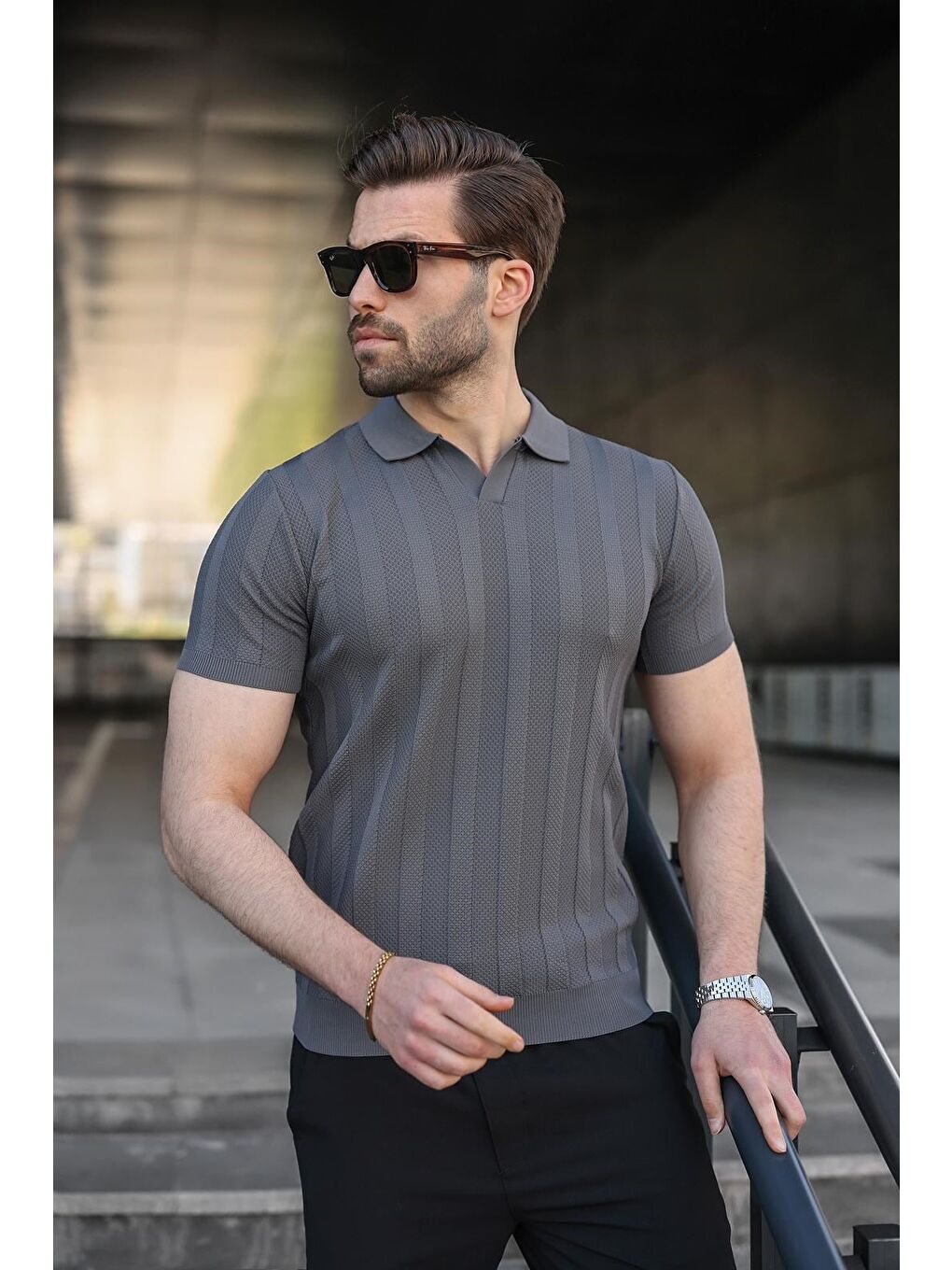 Antrasit Slim Fit Polo Yaka Triko Erkek Tişört E7491-4