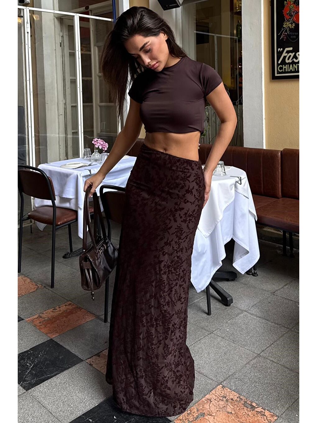 Kahverengi Flok Baskılı Tül Etek Mg2711-5