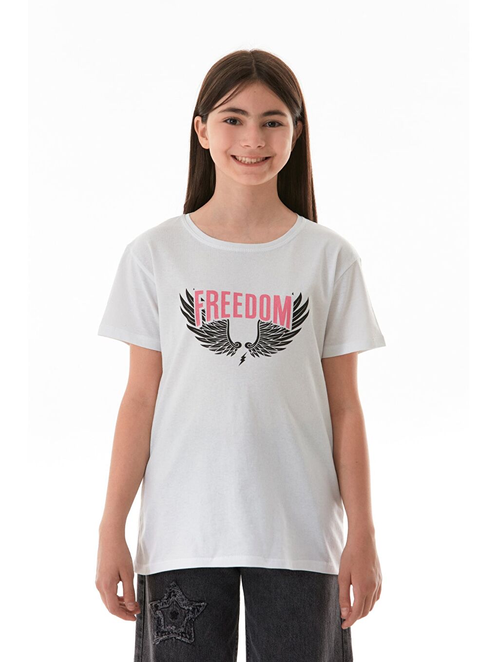 Beyaz %100 Pamuk Freedom Yazı Baskılı Kız Çocuk Tişört-4