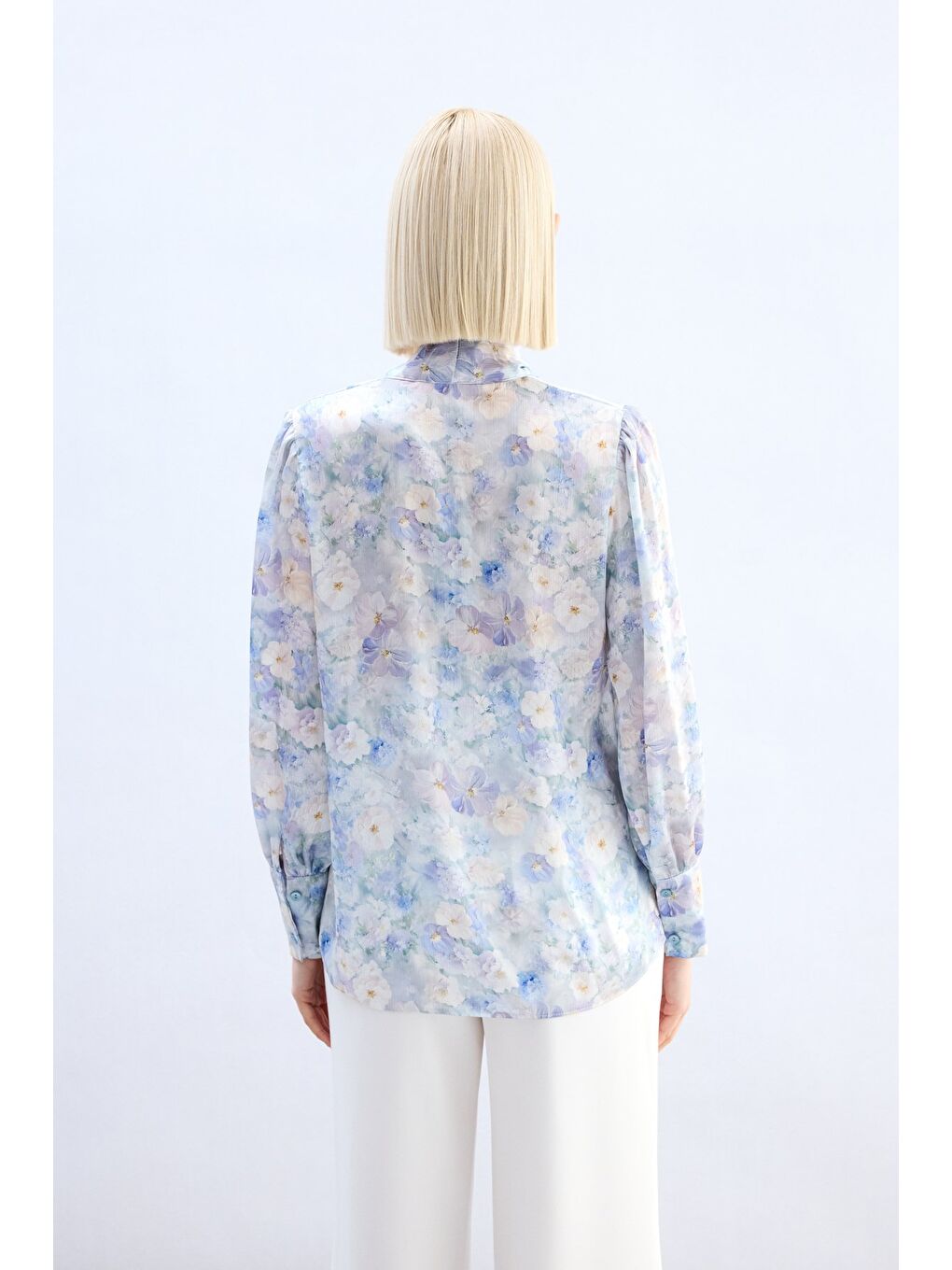 Çiçek Desenli Fularlı Gömlek - Lila-5