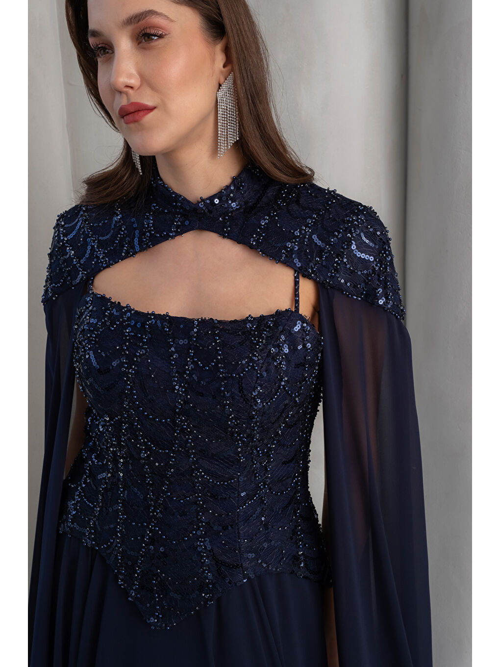 Kadın Lacivert Şallı Uzun Kol Peplum Detay Uzun Abiye Elbise-3