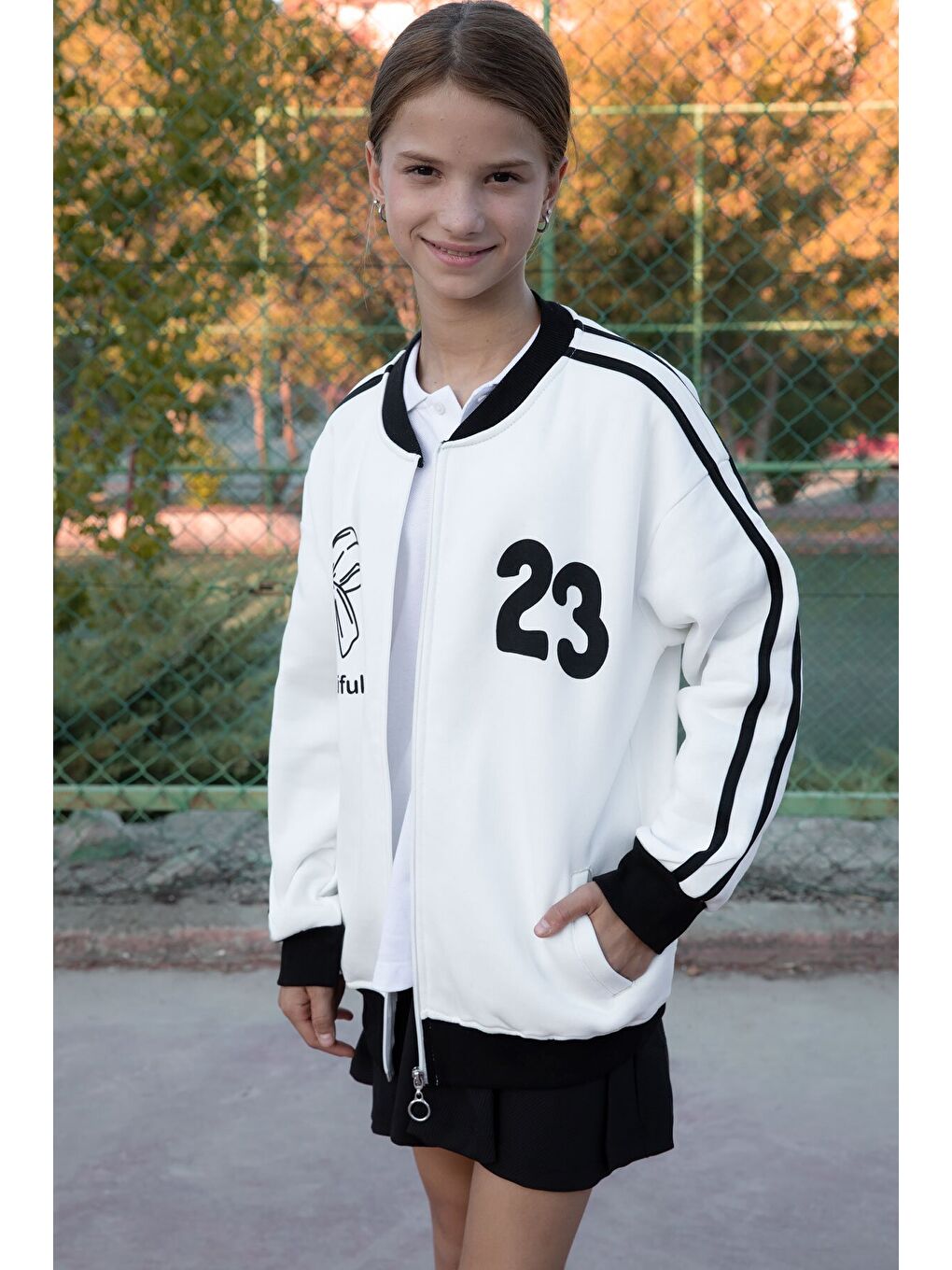 Ekru Beautifull Yazılı Kolu Şeritli Kız Çocuk Kolej Hırka 21192-2