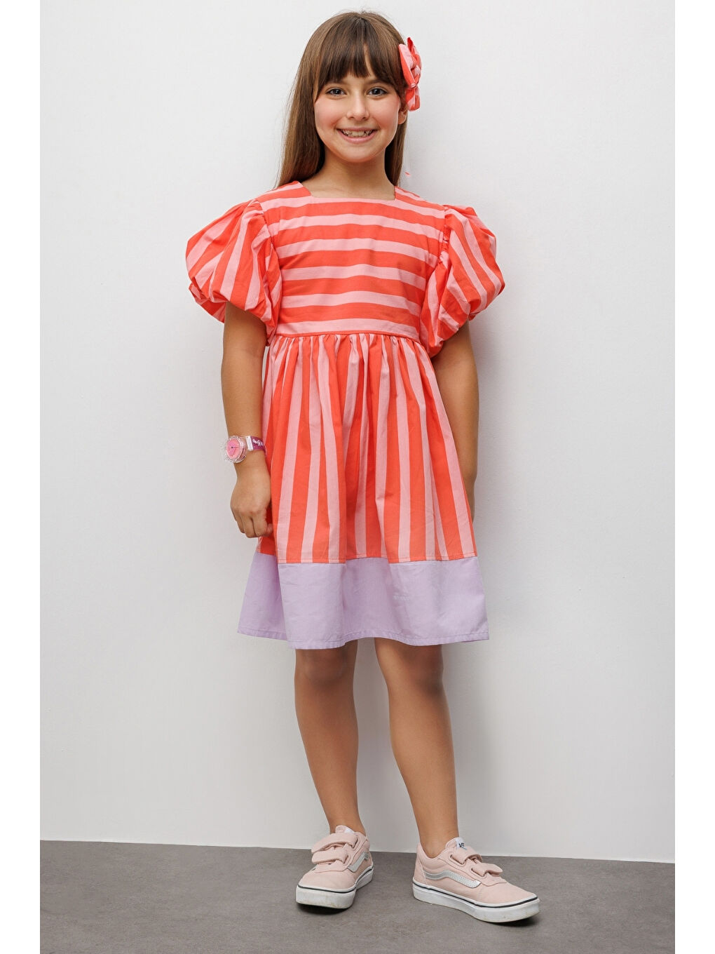 Turuncu Çizgili Kız Çocuk Poplin Elbise - Juno