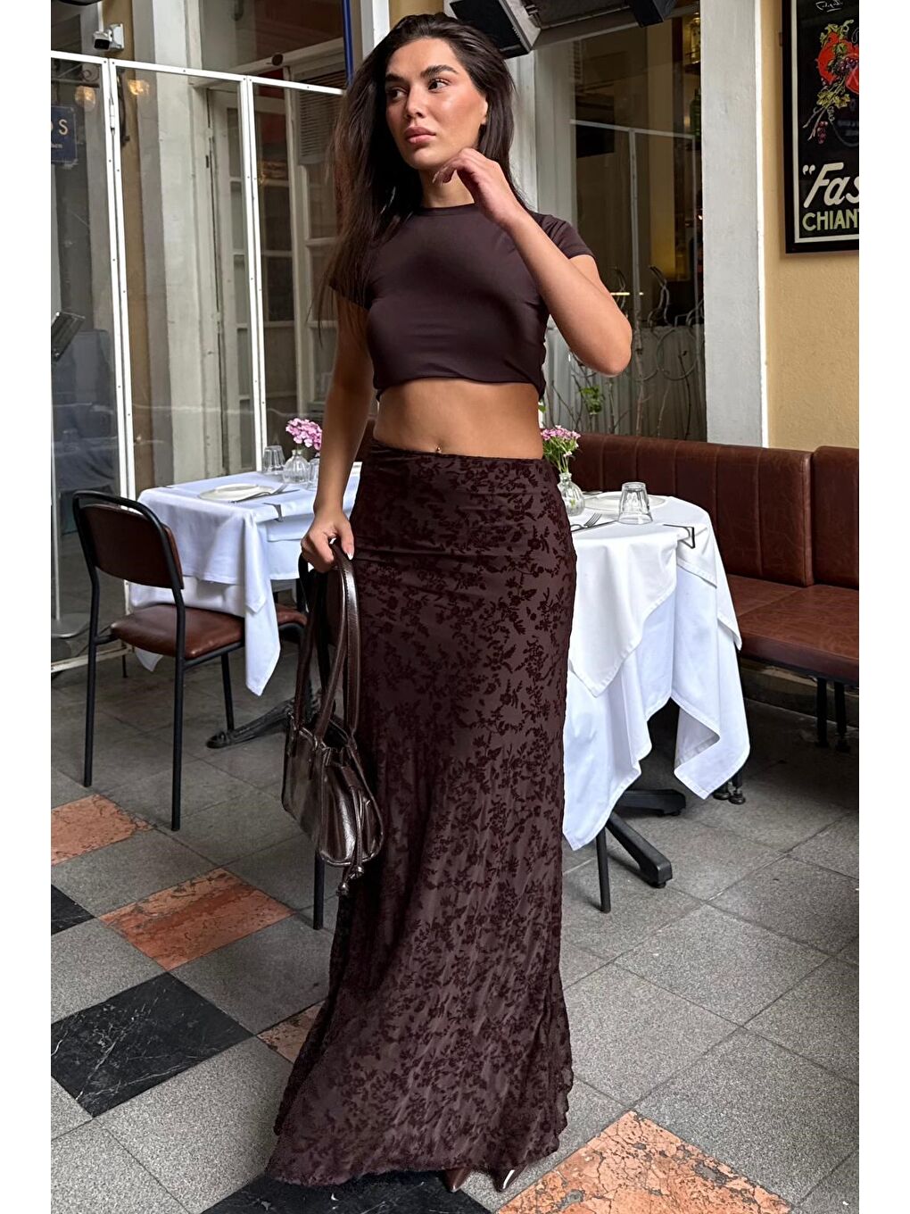 Kahverengi Flok Baskılı Tül Etek Mg2711-6