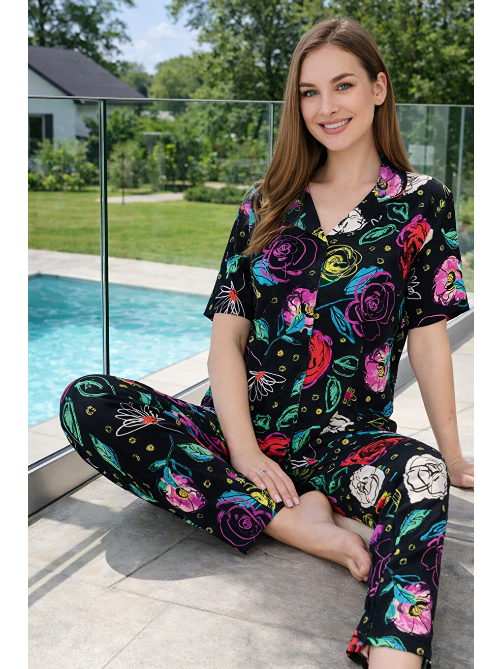 Kadın Kısa Kol Elastanlı Viskon Pijama Takımı 0177 Siyah04-3