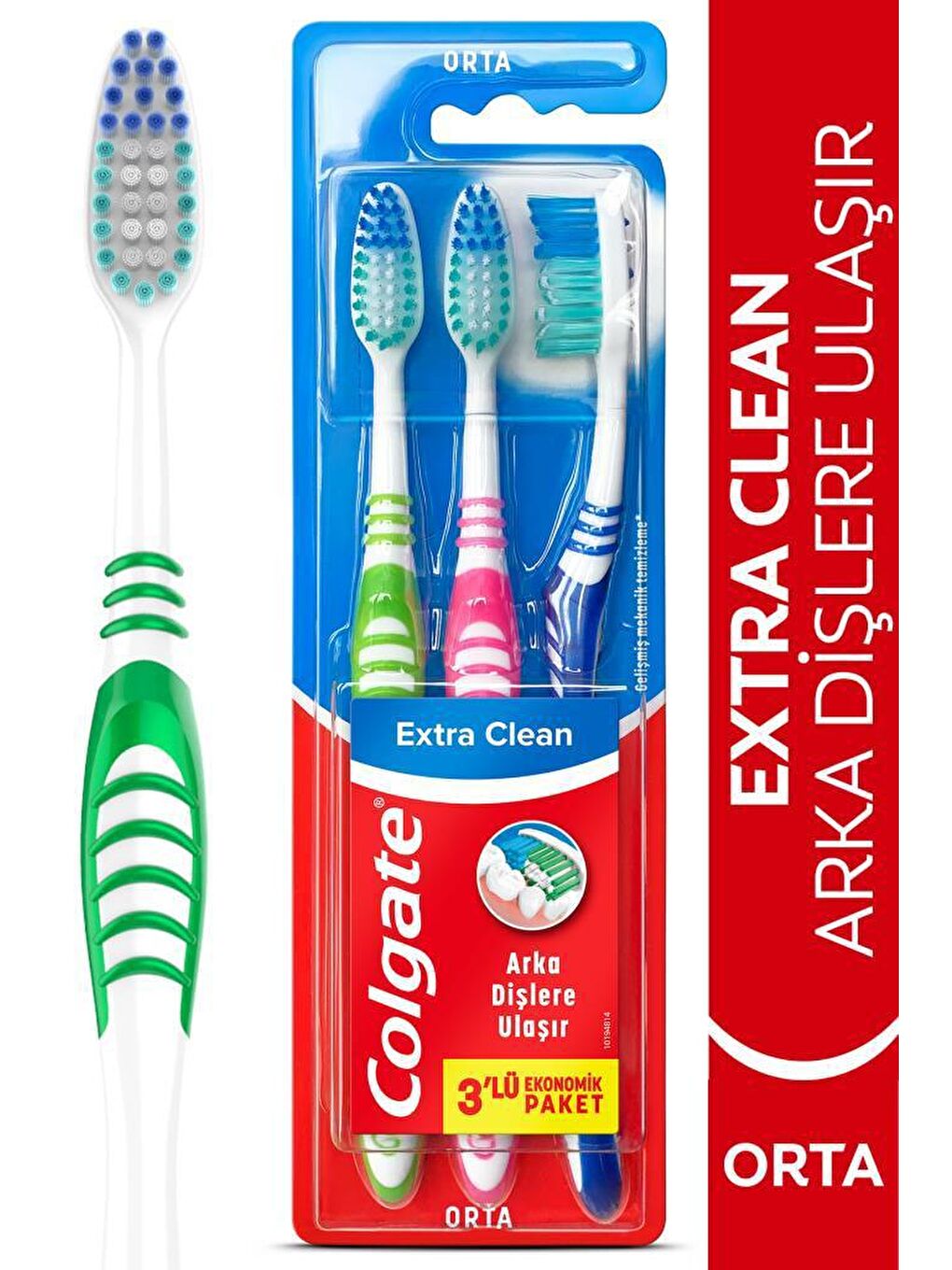 Colgate Beyaz-Pudra-Yeşil Extra CleanDil Temizleyicili Arka Dişlere Uzanan Orta Diş Fırçası 2+1