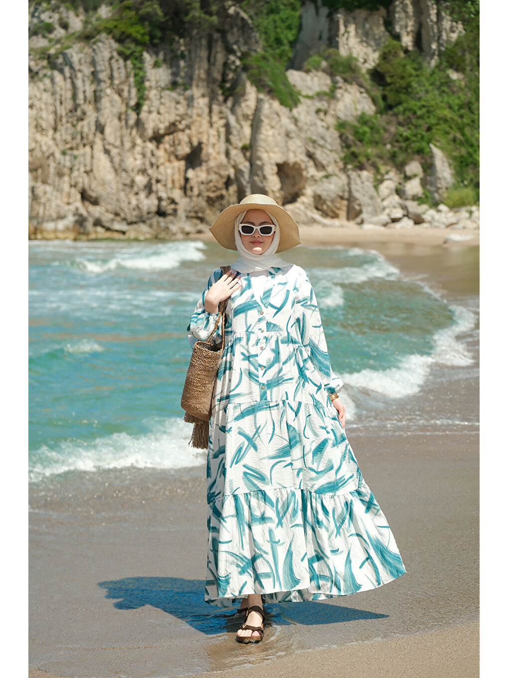 Kadın Fırça Desen Elbise Yeşil