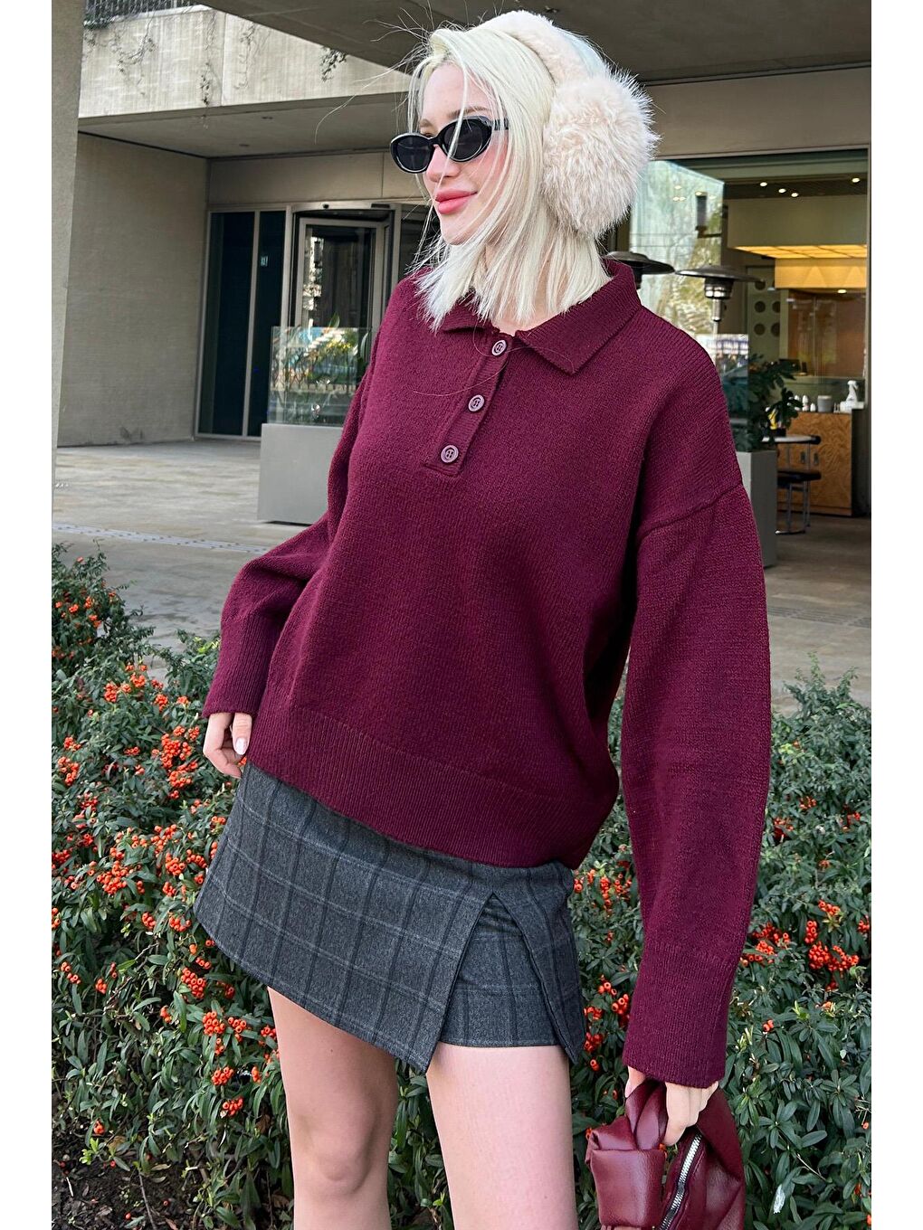 Bordo Düğmeli Polo Yaka Kadın Kazak Mg2307