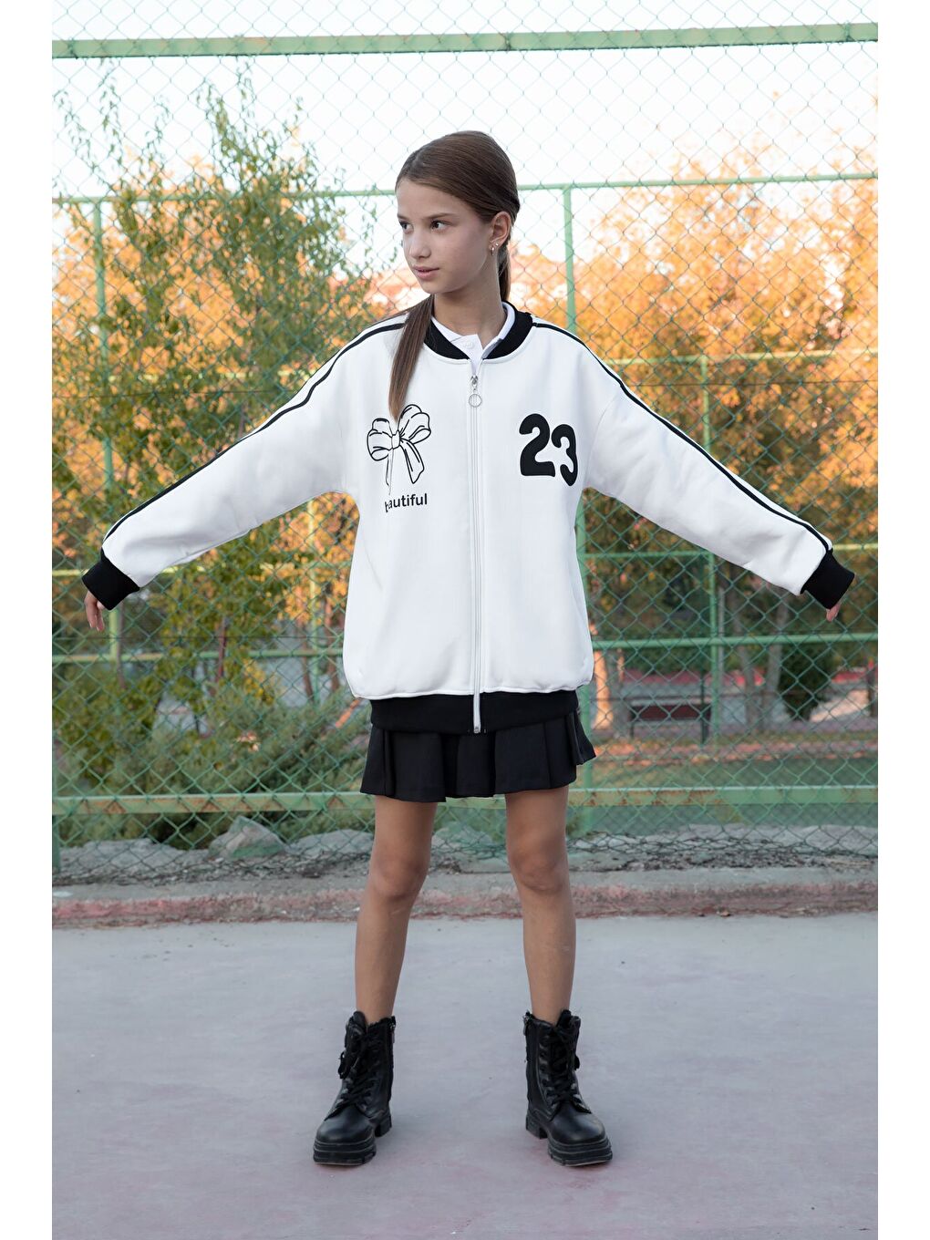 Ekru Beautifull Yazılı Kolu Şeritli Kız Çocuk Kolej Hırka 21192-3