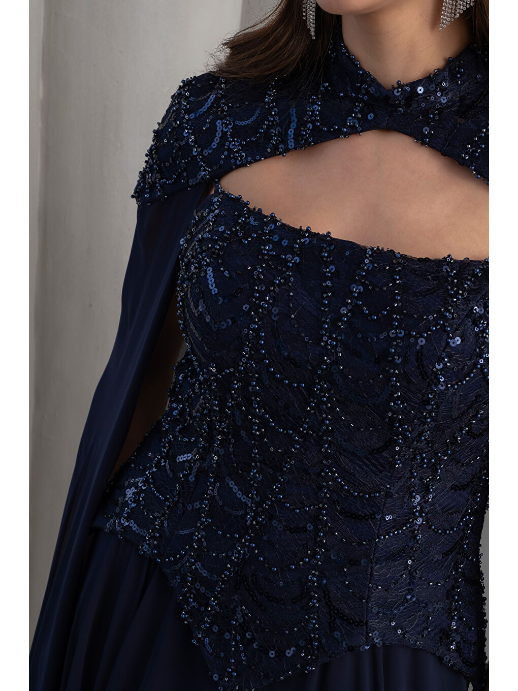 Kadın Lacivert Şallı Uzun Kol Peplum Detay Uzun Abiye Elbise-4