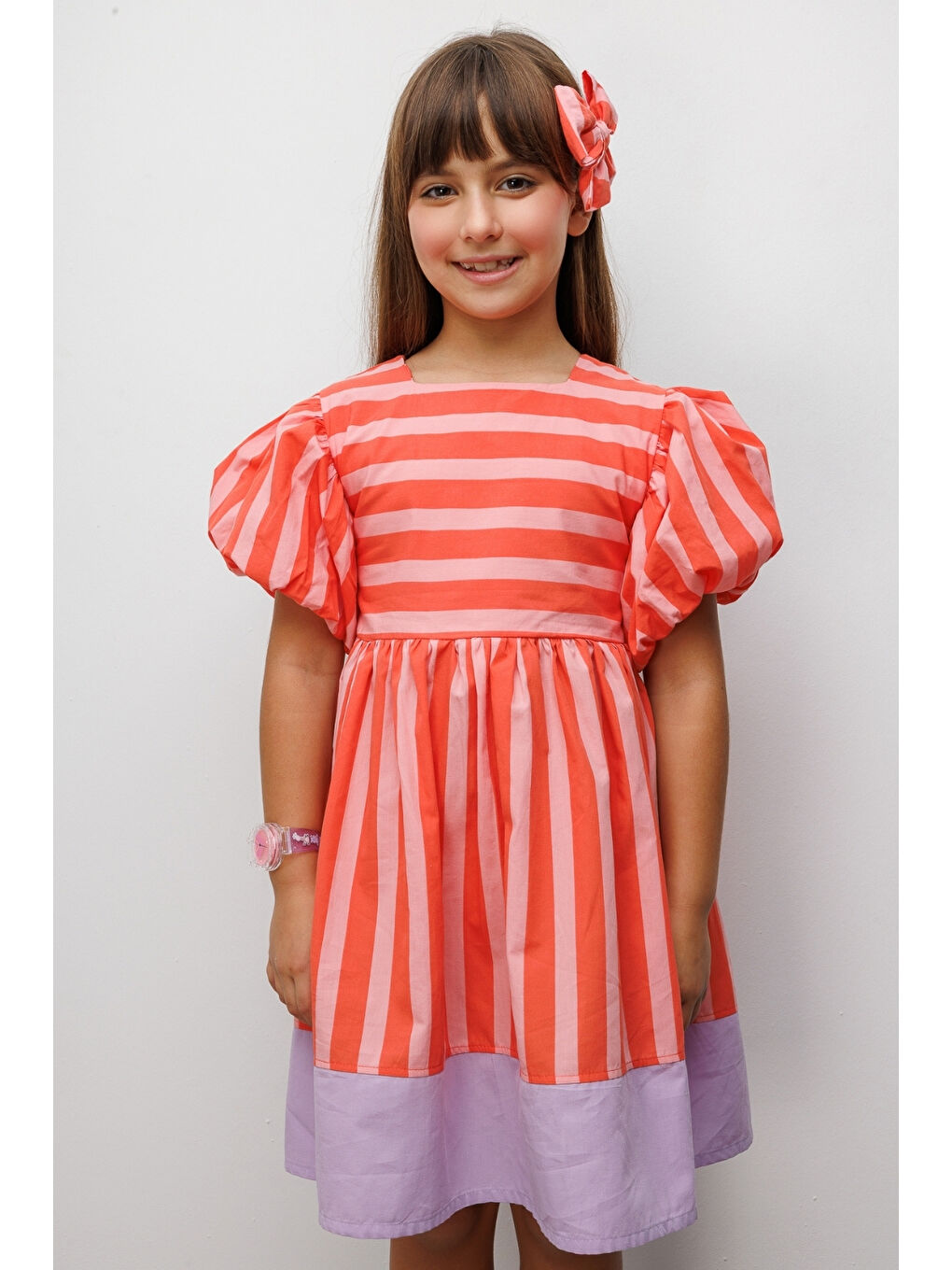 Turuncu Çizgili Kız Çocuk Poplin Elbise - Juno-1