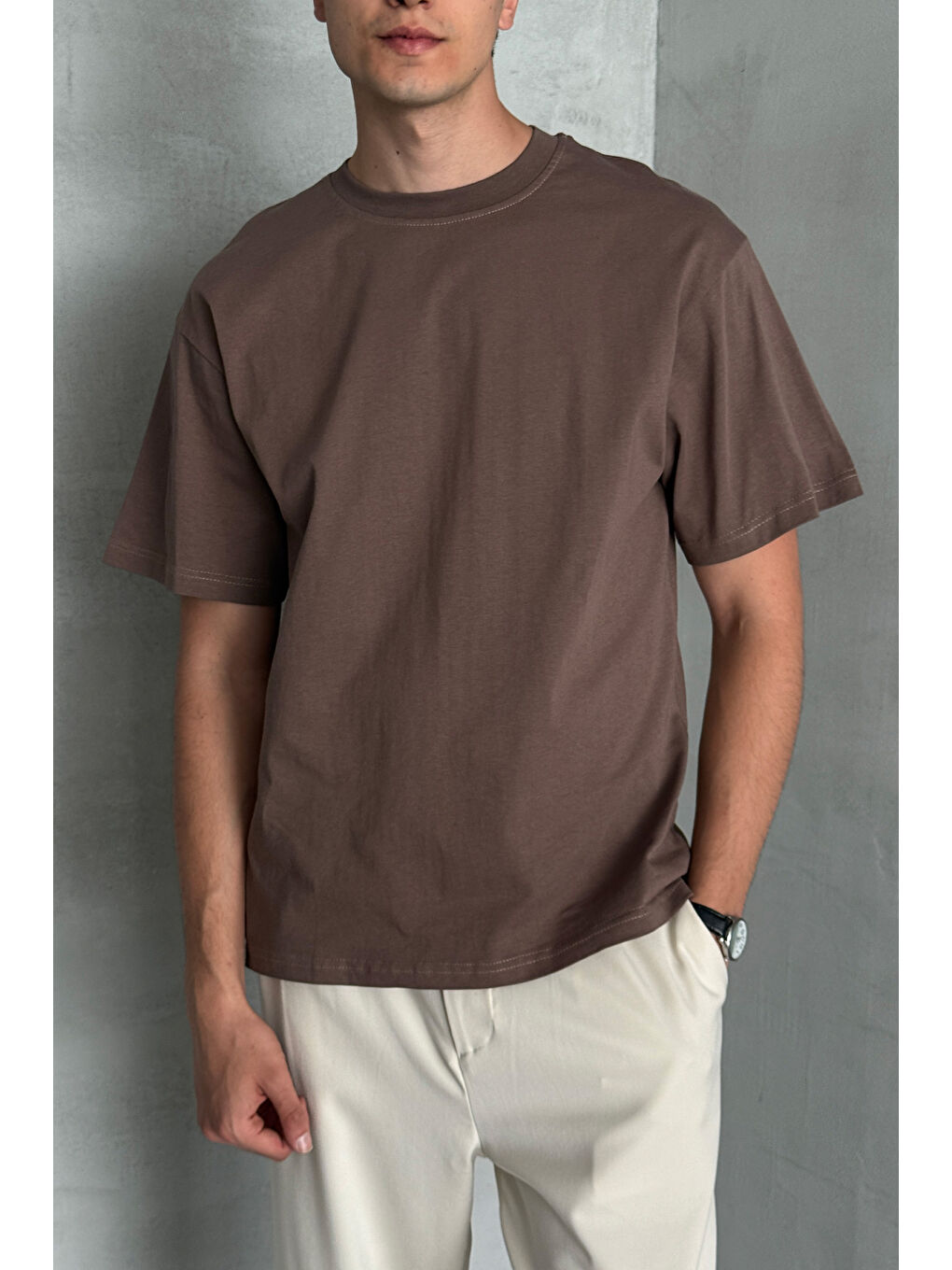 Kahverengi Erkek %100 Pamuk Oversize Basic T-shirt-1