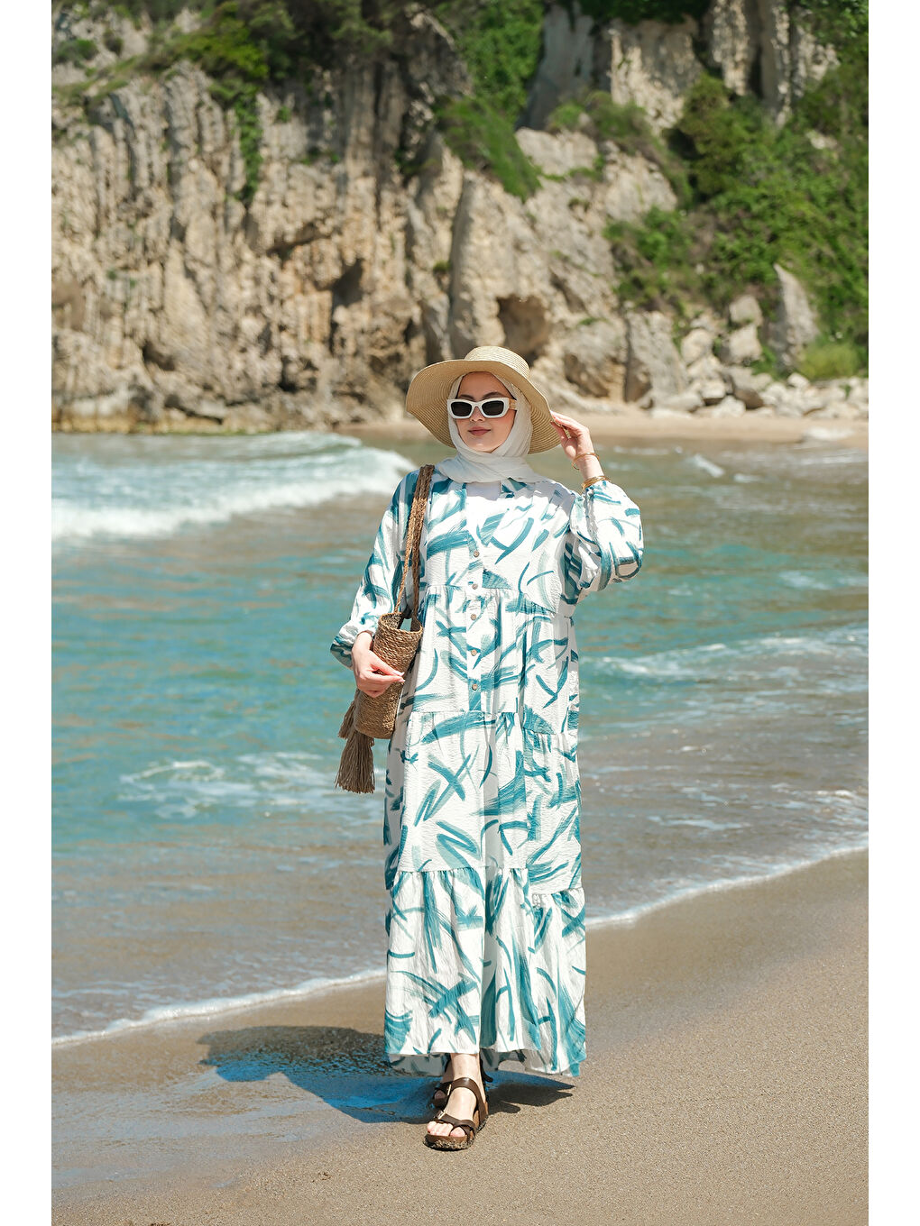 Kadın Fırça Desen Elbise Yeşil-1