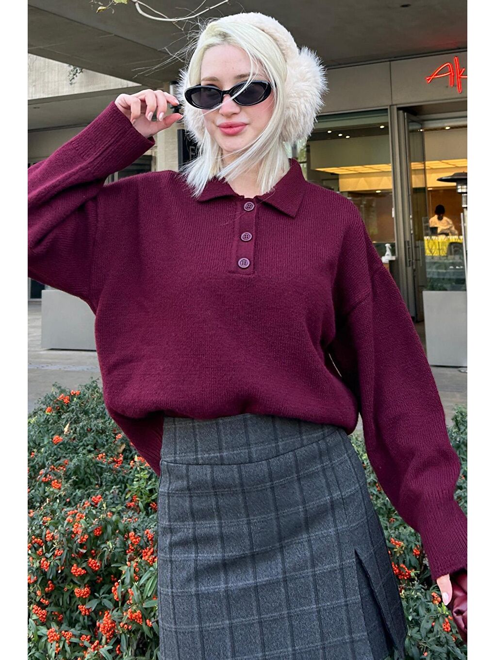 Bordo Düğmeli Polo Yaka Kadın Kazak Mg2307-1