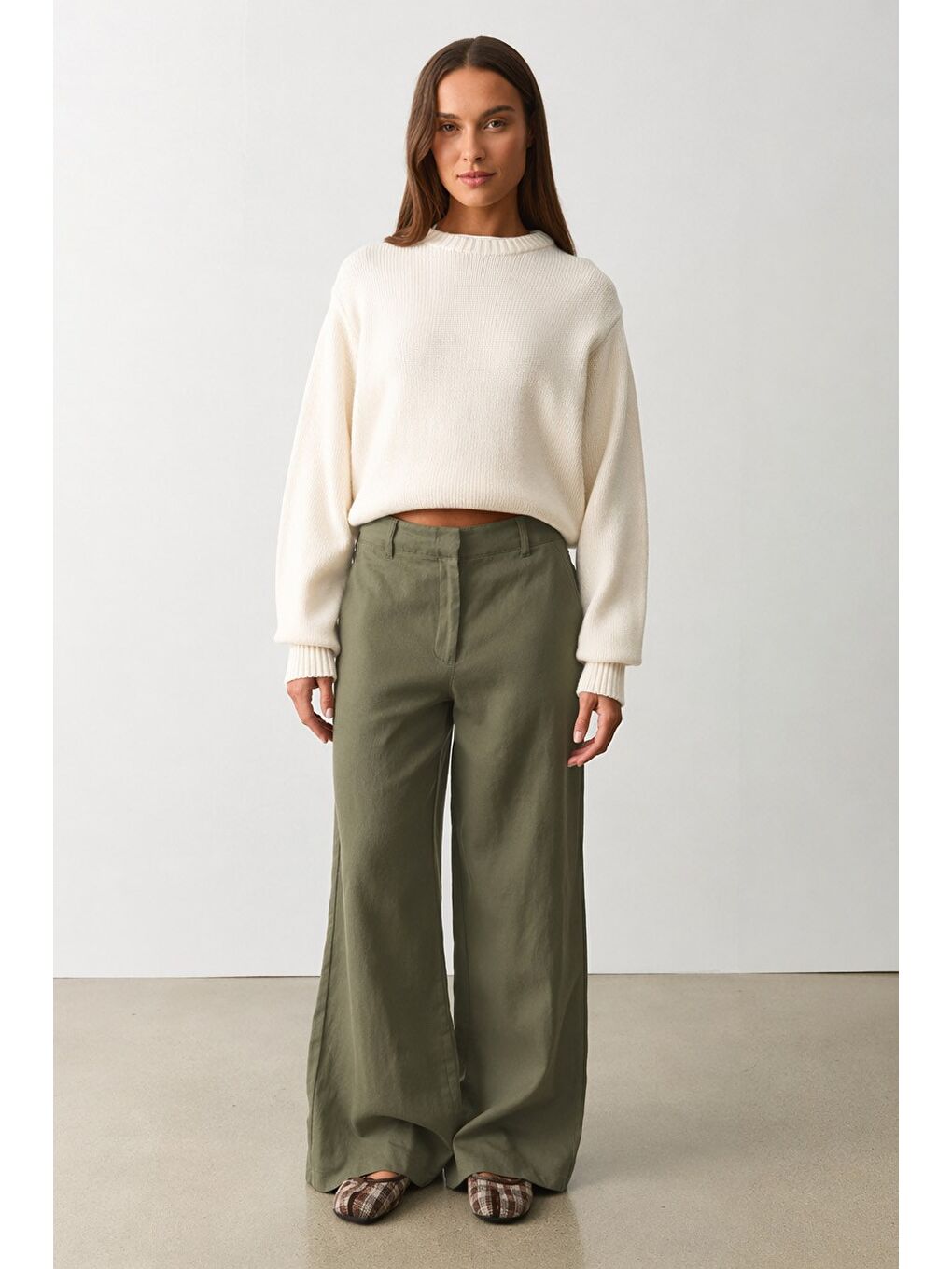 Haki Yüksek Bel Keten Wide Leg Pantolon Mg2718-1