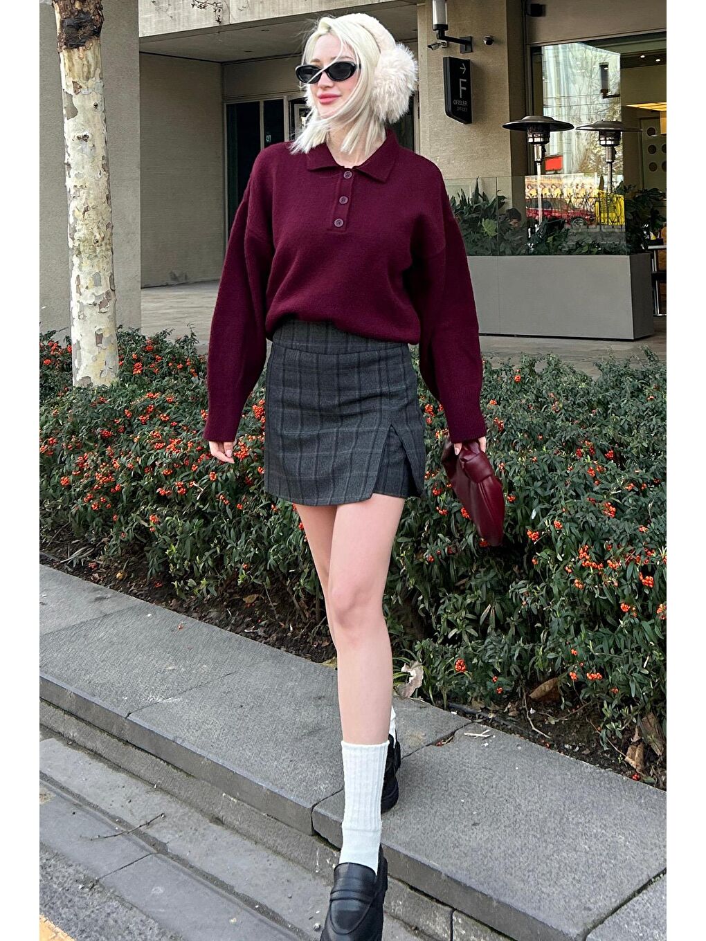 Bordo Düğmeli Polo Yaka Kadın Kazak Mg2307-3