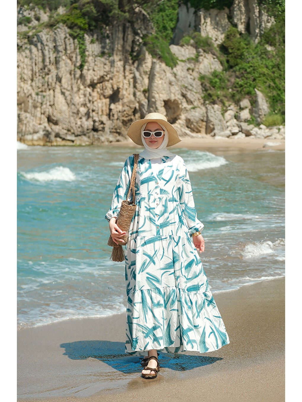 Kadın Fırça Desen Elbise Yeşil-2