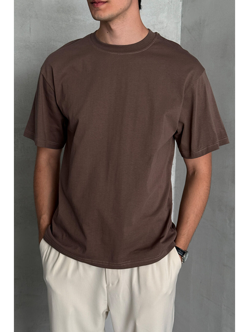 Kahverengi Erkek %100 Pamuk Oversize Basic T-shirt-2