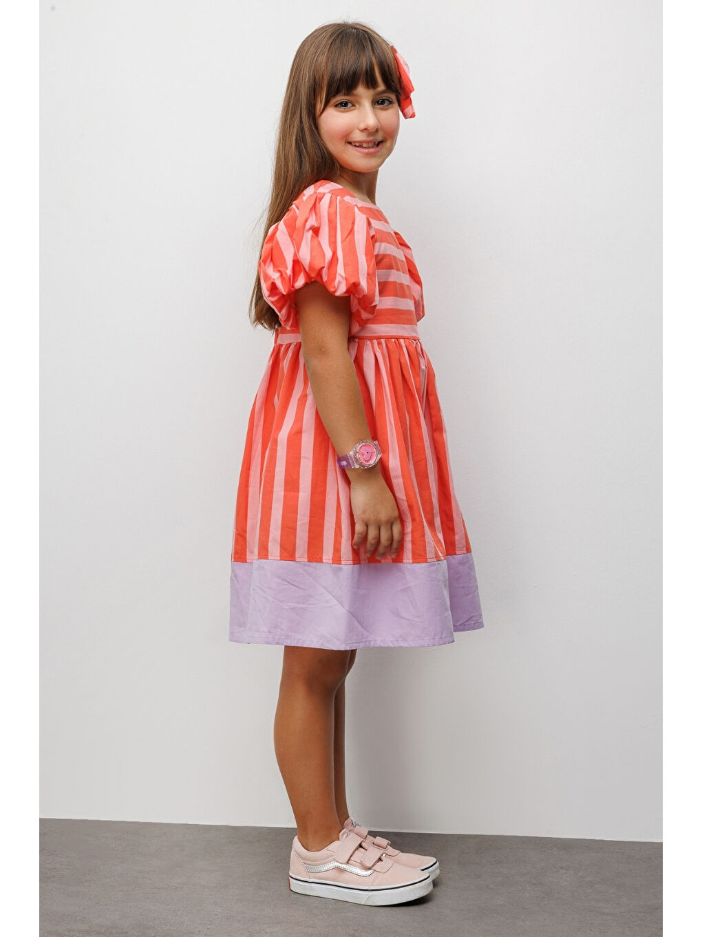 Turuncu Çizgili Kız Çocuk Poplin Elbise - Juno-2