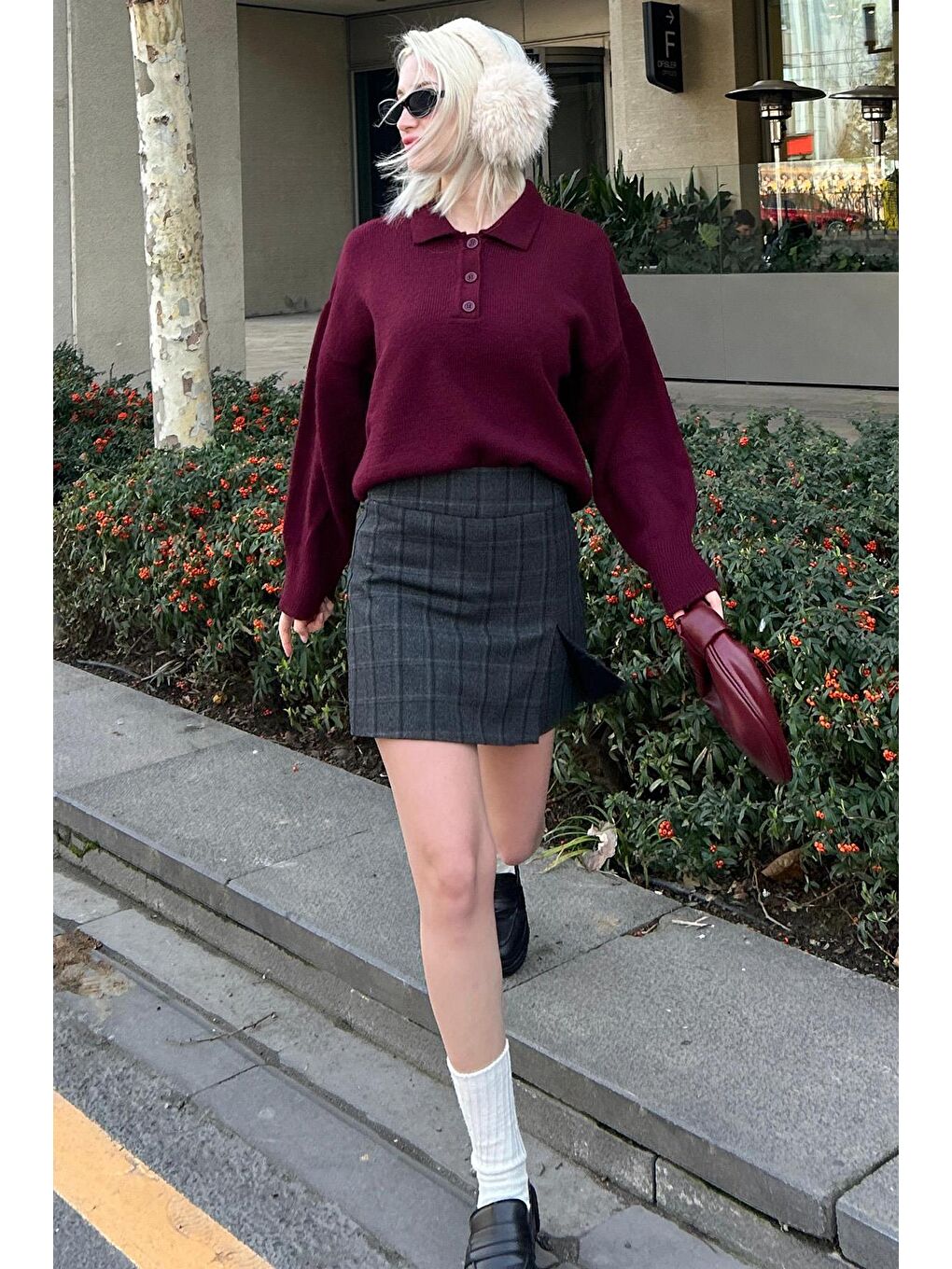 Bordo Düğmeli Polo Yaka Kadın Kazak Mg2307-4