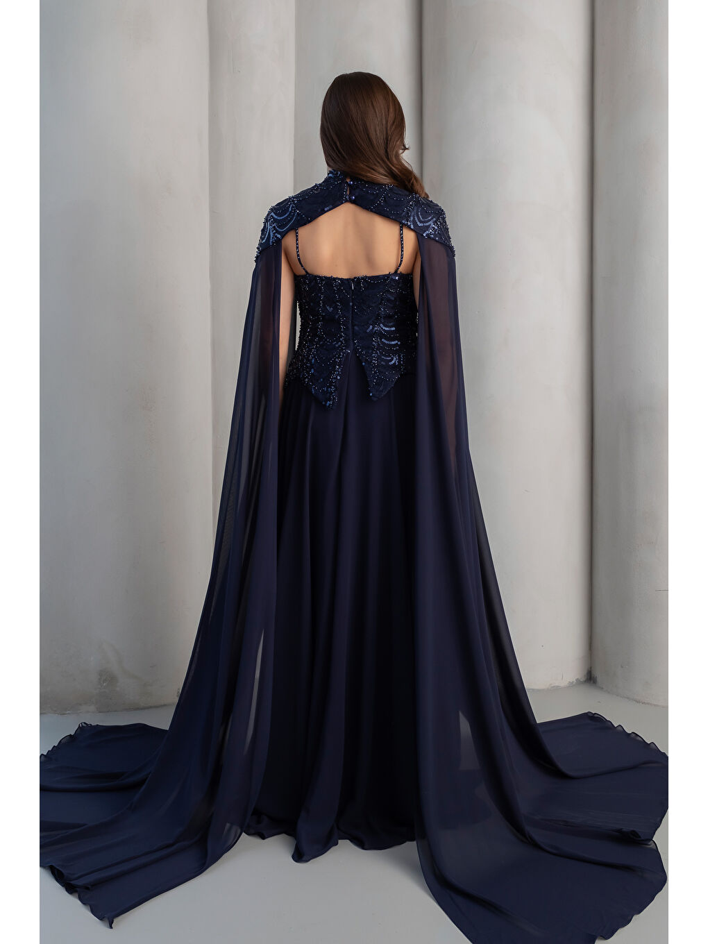 Kadın Lacivert Şallı Uzun Kol Peplum Detay Uzun Abiye Elbise-5