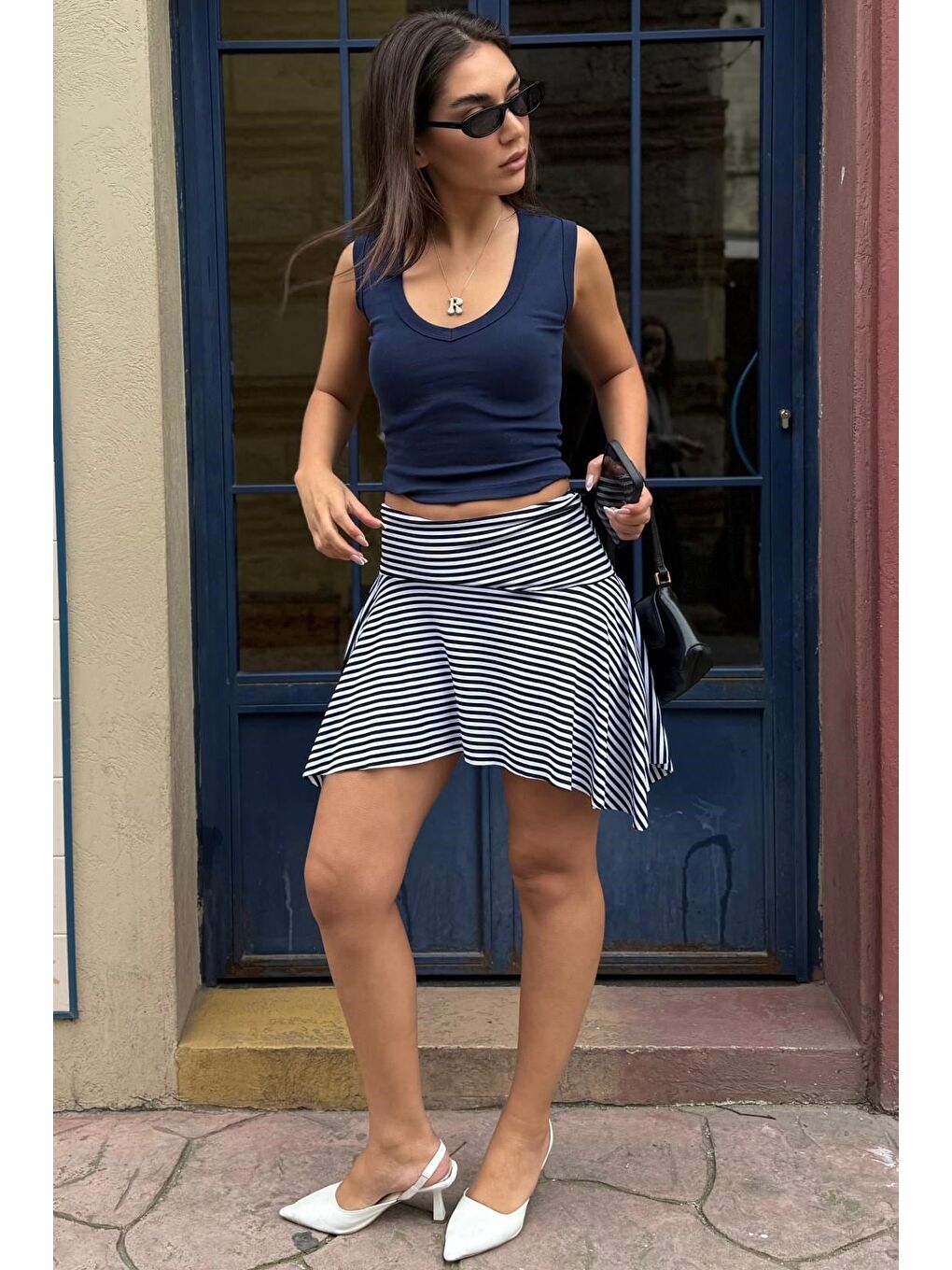 Lacivert Çizgili Asimetrik Çizgili Etek Mg2698-4