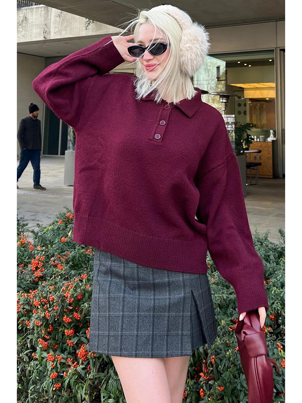 Bordo Düğmeli Polo Yaka Kadın Kazak Mg2307-5