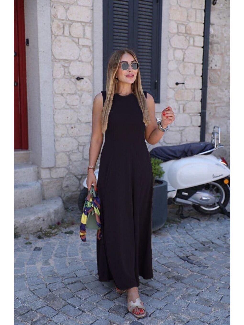 Mor Kadın Sıfır Kollu Bisiklet Yaka Viskon Elbise-1