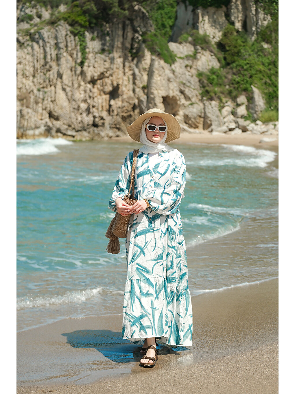 Kadın Fırça Desen Elbise Yeşil-3