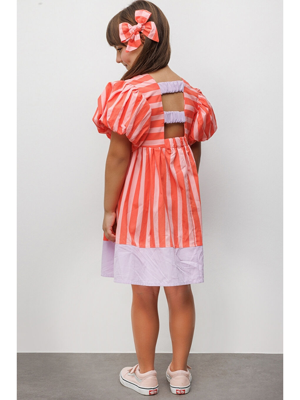 Turuncu Çizgili Kız Çocuk Poplin Elbise - Juno-3